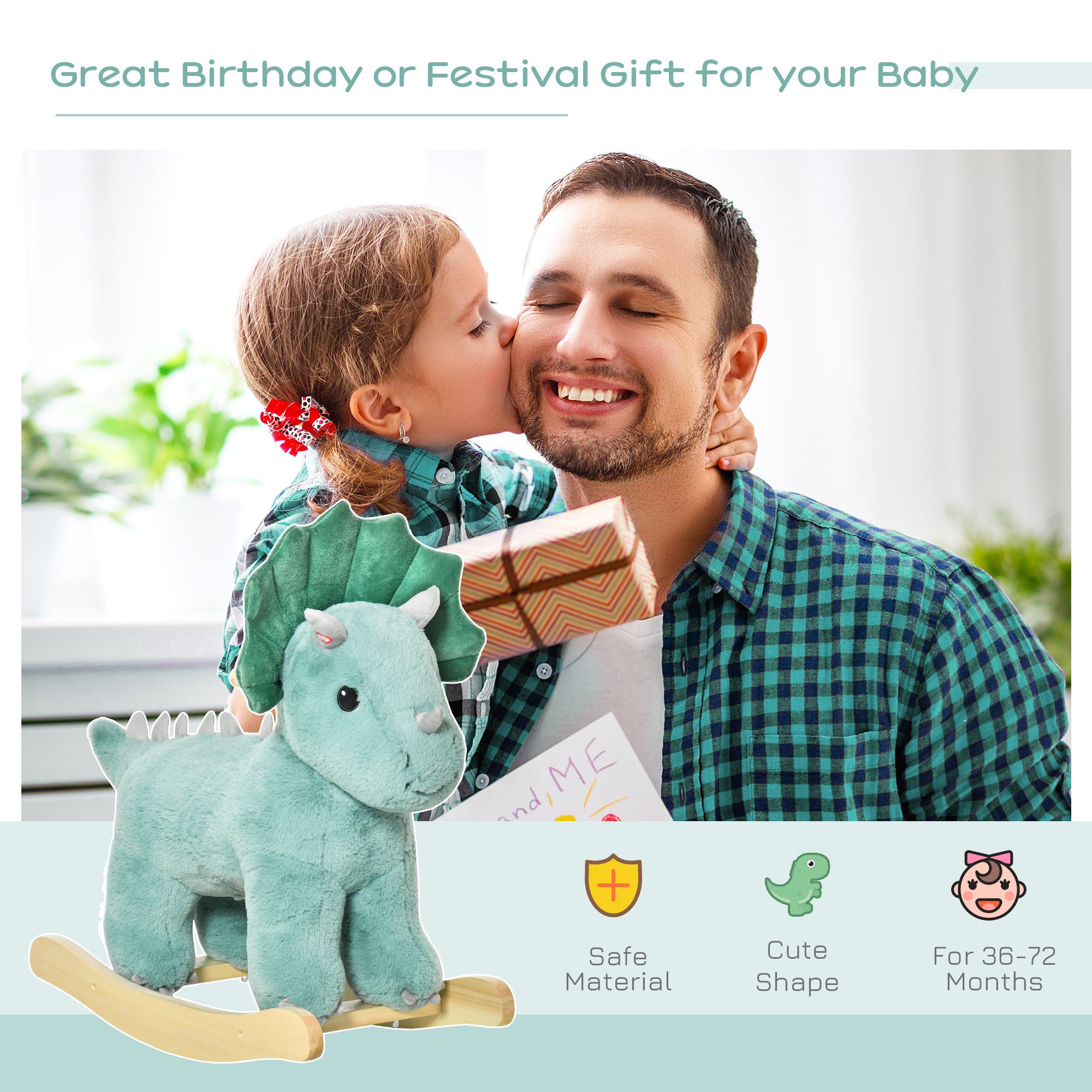 Kids Plush Ride-On Rocking Horse Triceratops-shaped Plush Toy Rocker with Realistic Sounds for Child 36-72 Months Dark Green Rocking Horses at Gallery Canada