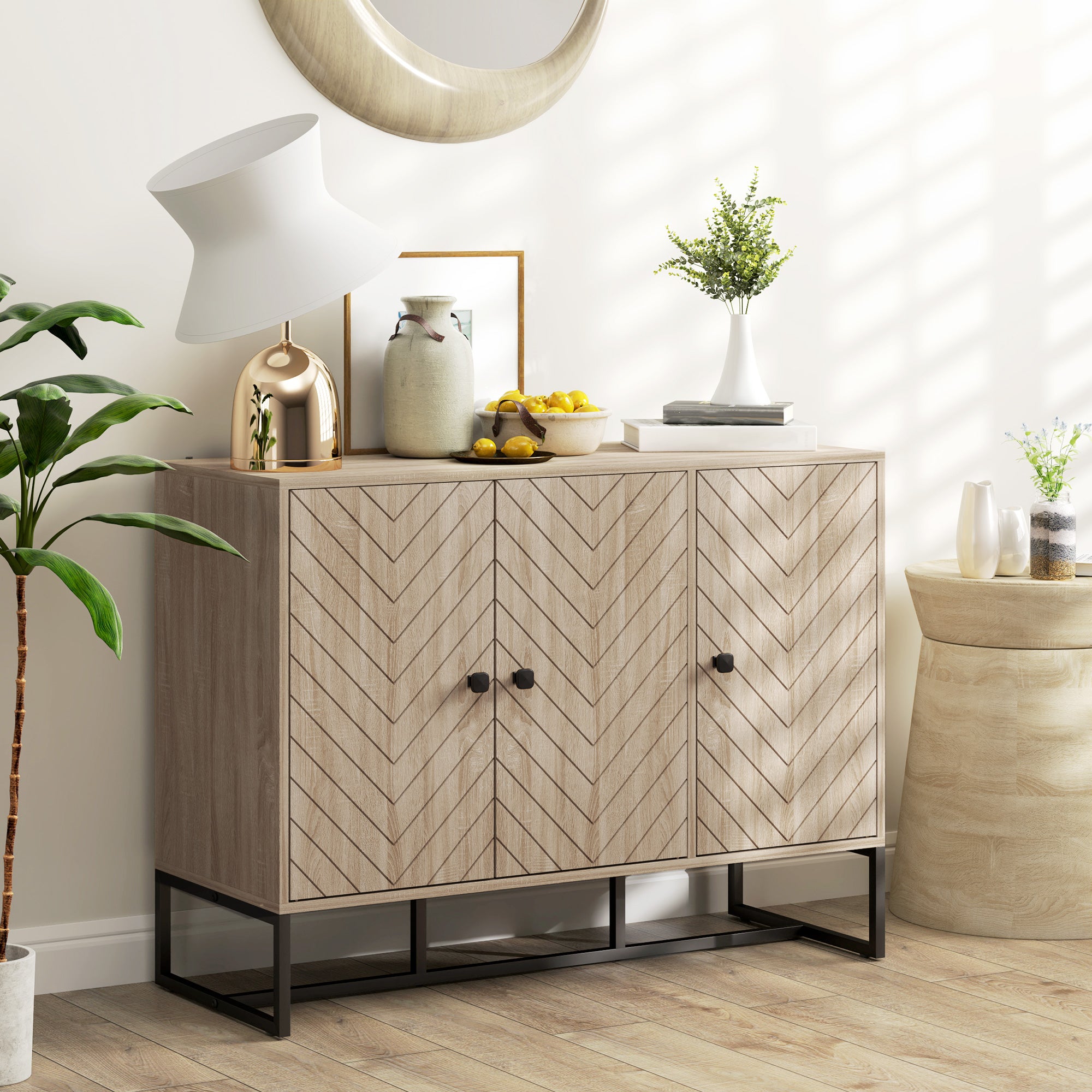 Modern Sideboard, Buffet Cabinet with Adjustable Shelves, 3 Chevron Doors for Living Room, Hallway, Oak Wood Grain Storage Cabinets at Gallery Canada