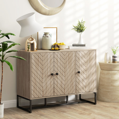 Modern Sideboard, Buffet Cabinet with Adjustable Shelves, 3 Chevron Doors for Living Room, Hallway, Oak Wood Grain