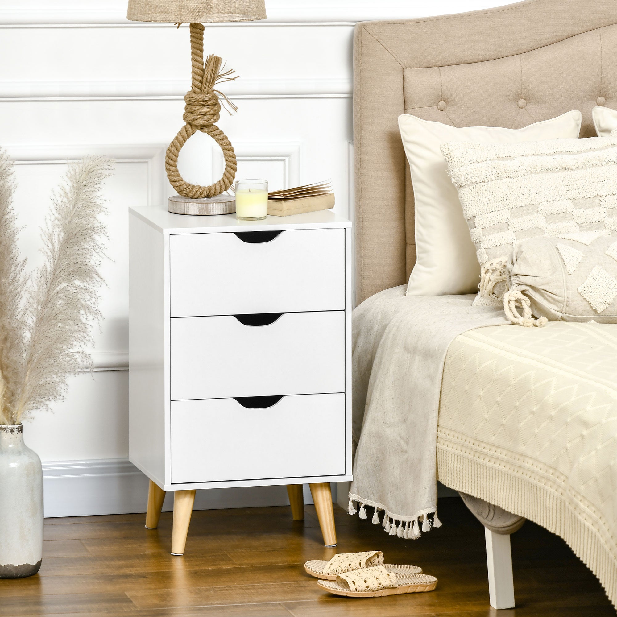 Bedside Table, Modern Nightstand with 3 Drawers, Side End Table with Wood Legs for Living Room, Bedroom, White Bedside Tables White  at Gallery Canada