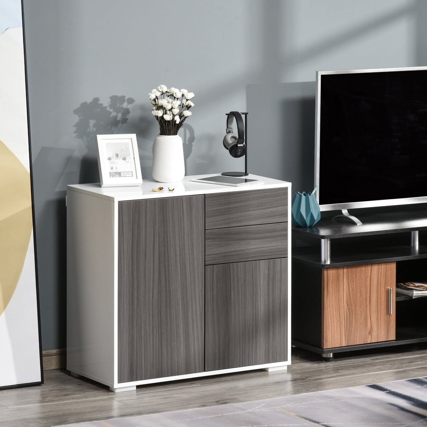 High Gloss Buffet Sideboard with 2 Drawers, 2 Doors and Adjustable Shelf, Kitchen Storage Cabinet with Push Open Design, Grey and White Storage Cabinets   at Gallery Canada