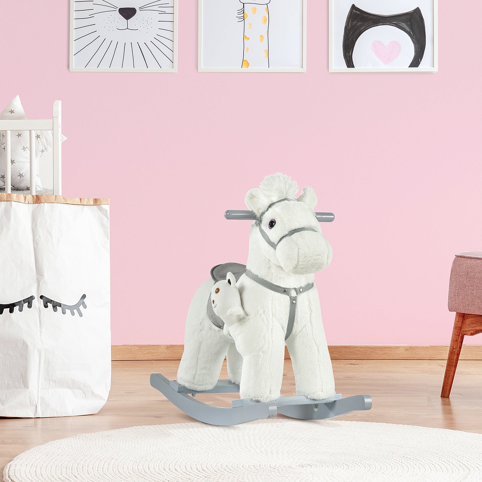 Kids Plush Ride-On Rocking Horse with Bear Toy, Children Chair with Soft Plush Toy &; Fun Realistic Sounds, White Rocking Horses at Gallery Canada