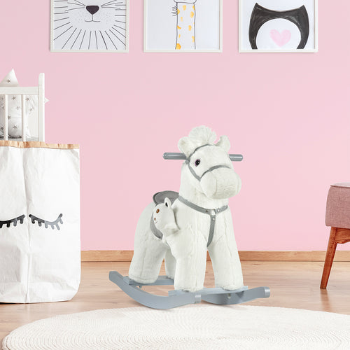 Kids Plush Ride-On Rocking Horse with Bear Toy, Children Chair with Soft Plush Toy &; Fun Realistic Sounds, White