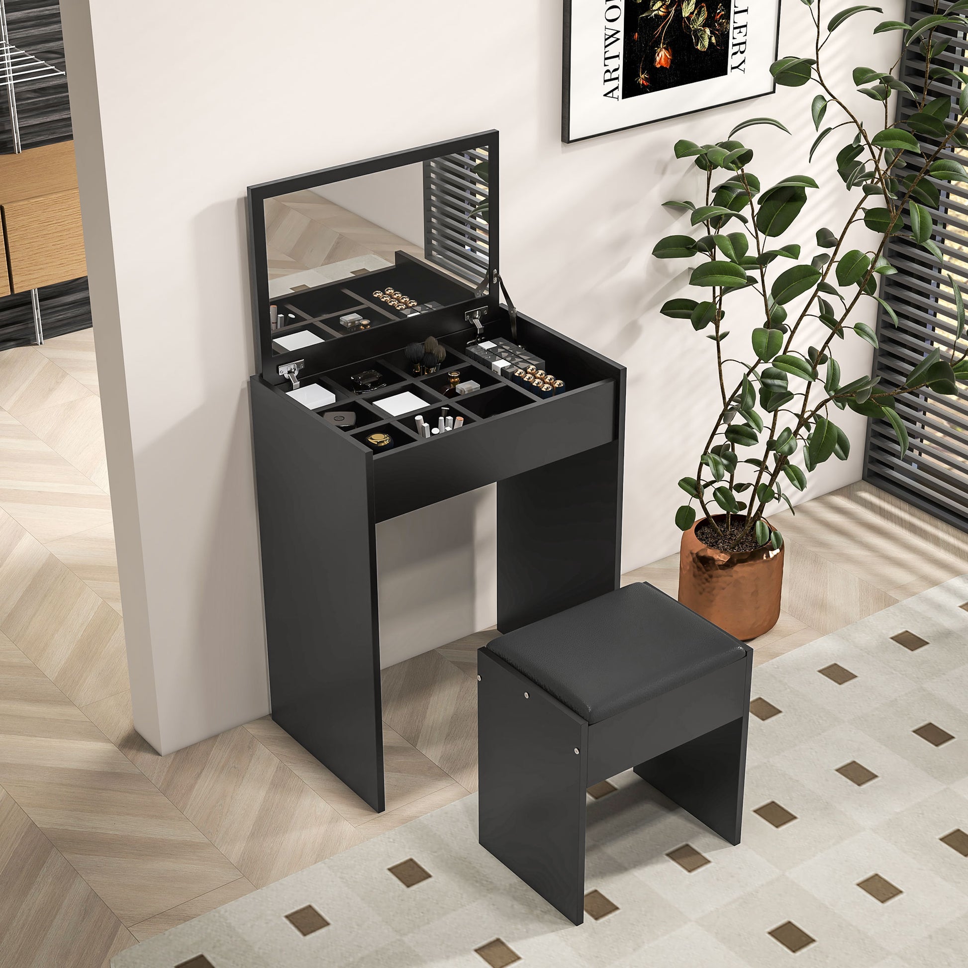 Modern Vanity Set with Makeup Table and Cushioned Stool, Dressing Table with Flip Top and Mirror for Bedroom, Black Dressing & Vanity Tables Black  at Gallery Canada