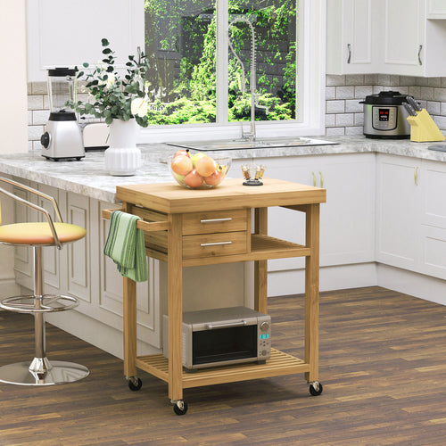 Bamboo Rolling Kitchen Island Trolley with Drawers &; Shelves