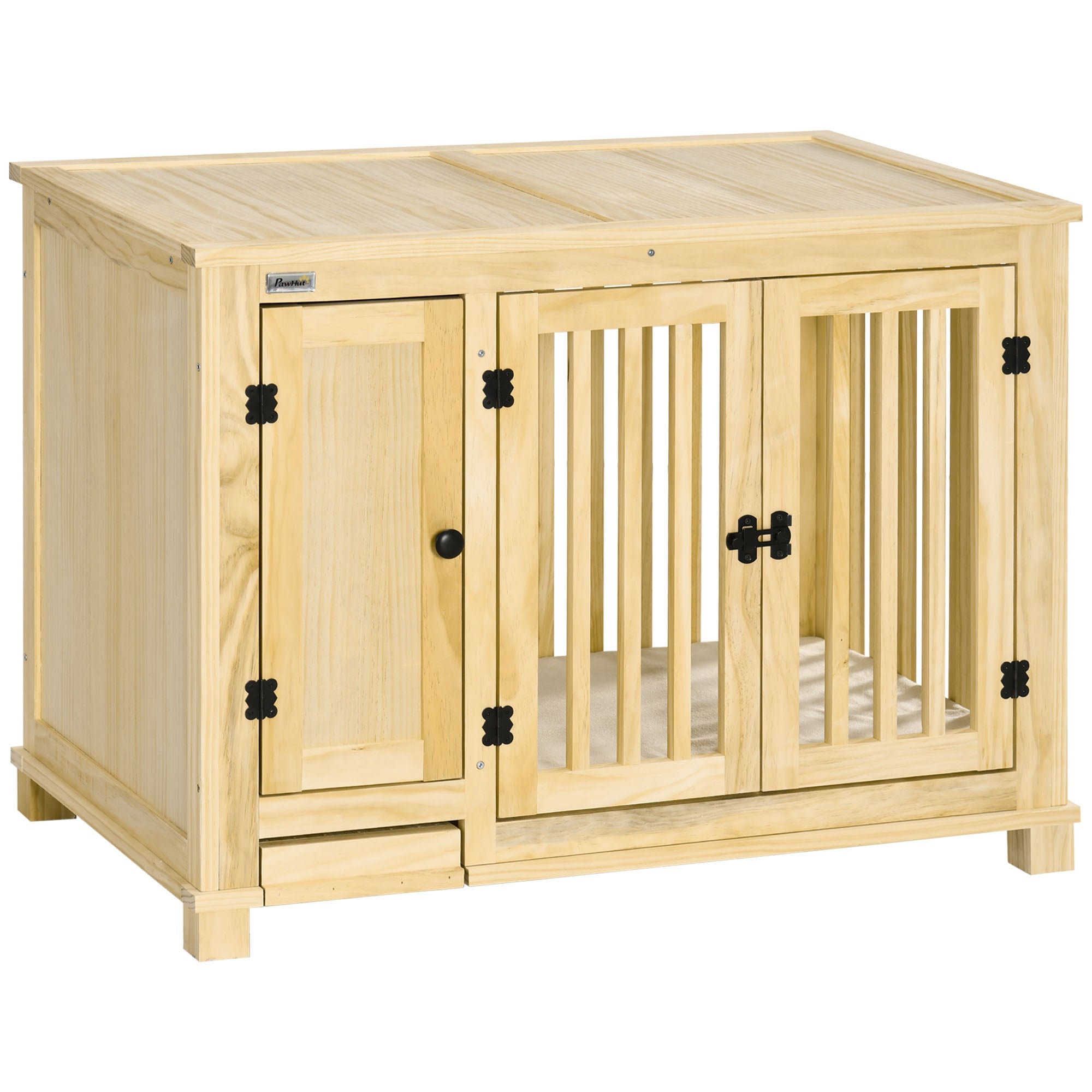 Wooden Dog Crate Furniture with Drawer Bowl Storage, Dog Kennel End Table with Cushion for Small Dogs Indoor Use, Natural Houses, Kennels & Pens Natural  at Gallery Canada