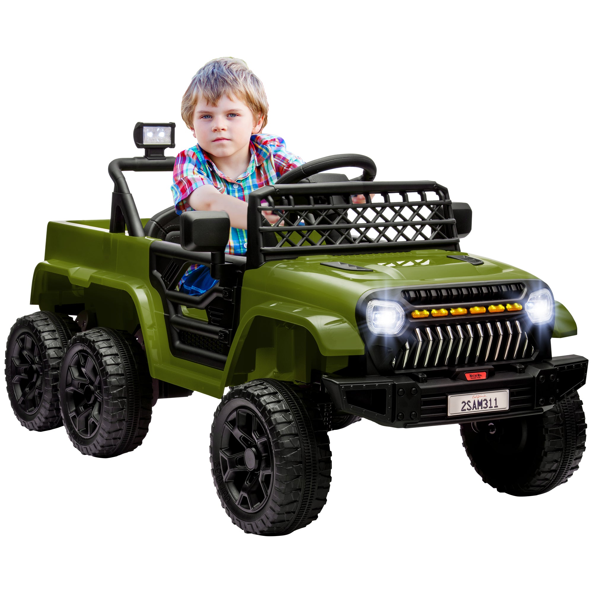 12V 4WD/2WD Kids Electric Car w/ Remote Control, Spring Suspension, Back Trailer, Light, Music, Soft Start, Dark Green Electric Toy Cars   at Gallery Canada