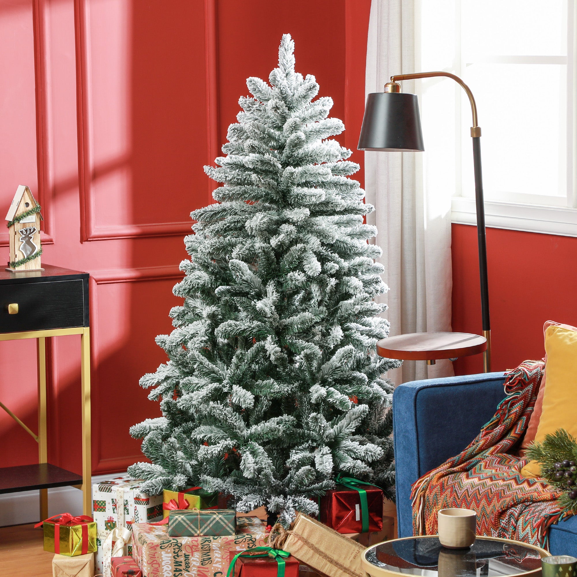 5 Foot Artificial Flocked Christmas Tree with Snow, Metal Stand, Hinged Xmas Tree for Home Office Holiday Flocked Christmas Trees Green  at Gallery Canada