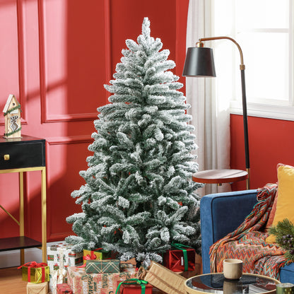 5 Foot Artificial Flocked Christmas Tree with Snow, Metal Stand, Hinged Xmas Tree for Home Office Holiday Flocked Christmas Trees Green  at Gallery Canada