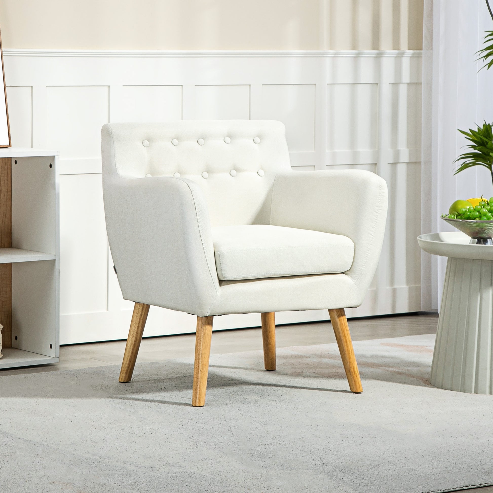 Linen Upholstery Armchair, Mid-Century Modern Accent Chair with Wood Frame and Thick Padding, Cream White Accent Chairs   at Gallery Canada