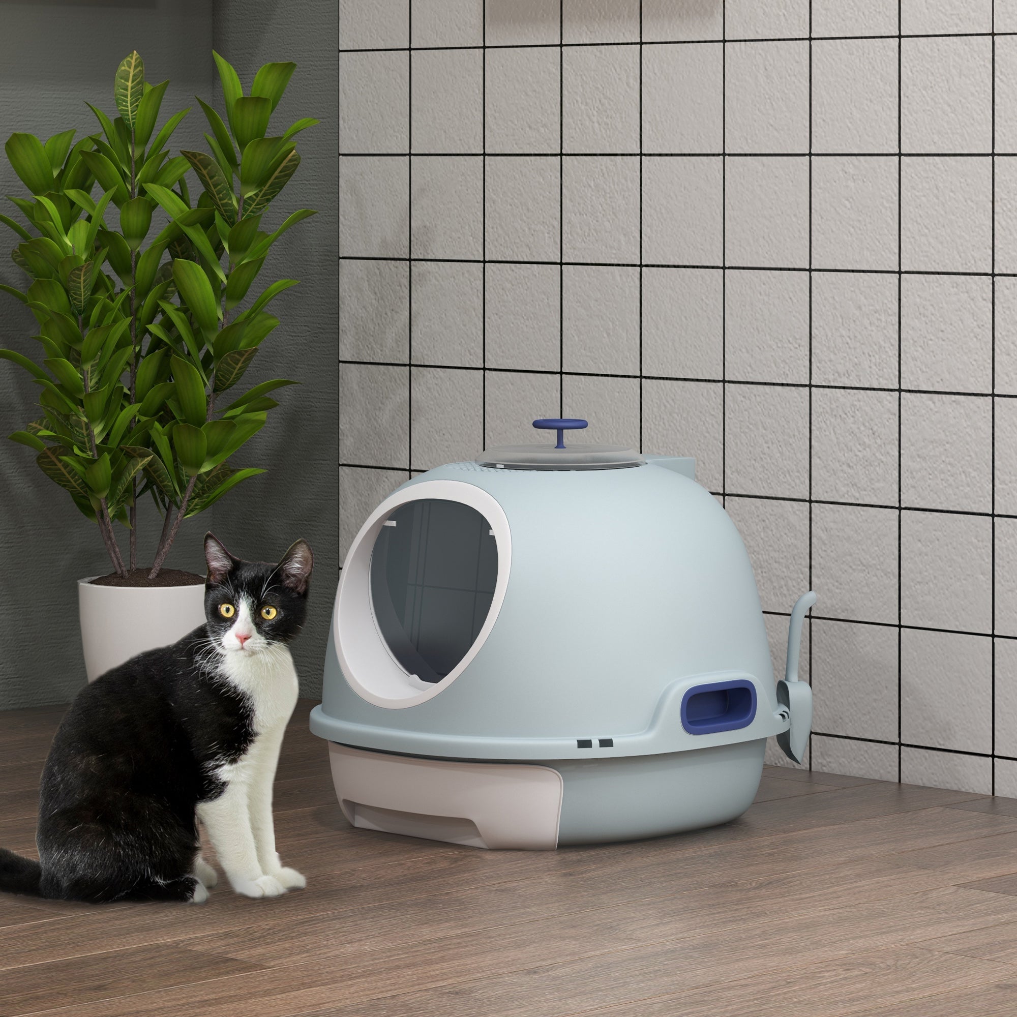 Cat Litter Box Toilet with Lid, Covered Litter Box with Scoop, Enclosed Drawer and Skylight, Blue Cat Litter Box Enclosures   at Gallery Canada