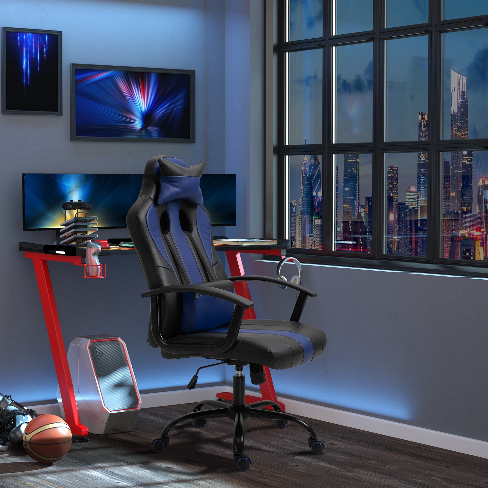 Adjustable Racing Gaming Chair High Back Racing Style with Lumbar Support and Pillow Blue Video Game Chairs   at Gallery Canada