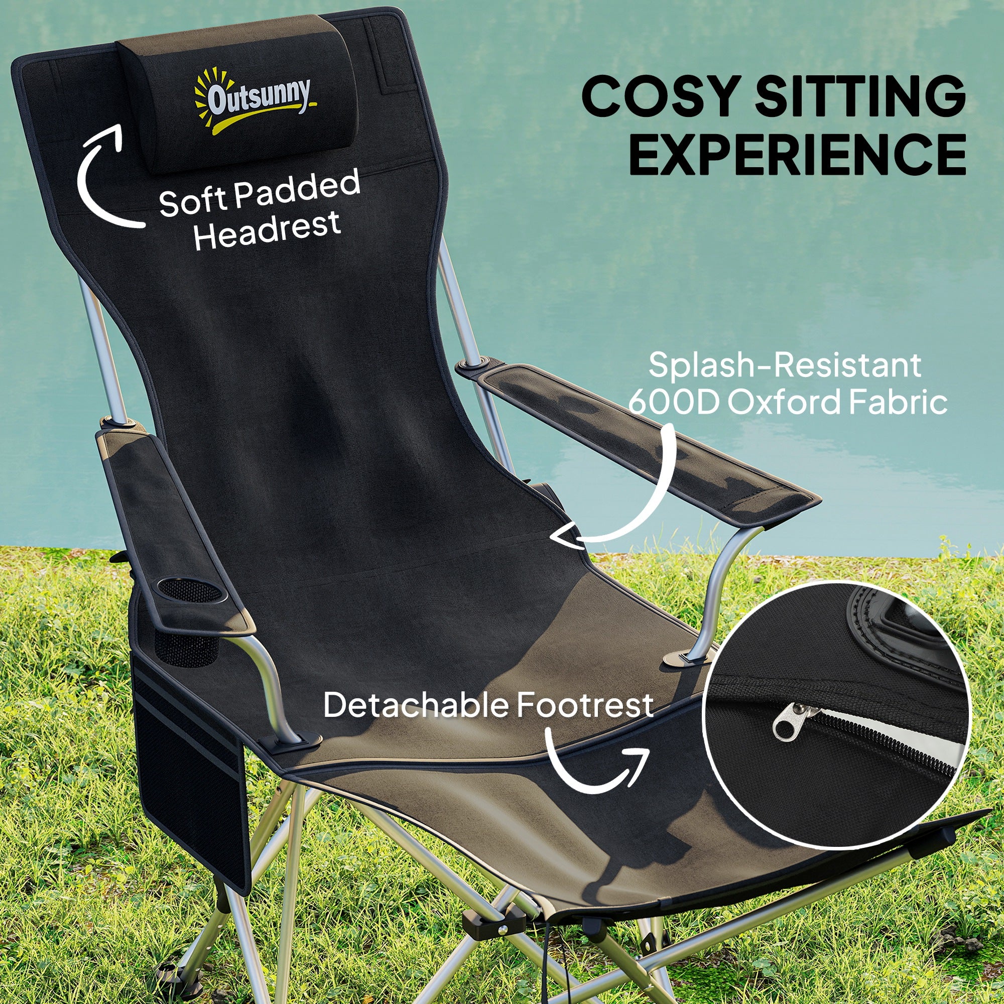 Set of 2 Reclining Camping Chair with Foot Rest, Folding Camping Chair w/ Headrest, Cup Holder, Storage Bag, Black Picnic Tables & Camping Chairs at Gallery Canada