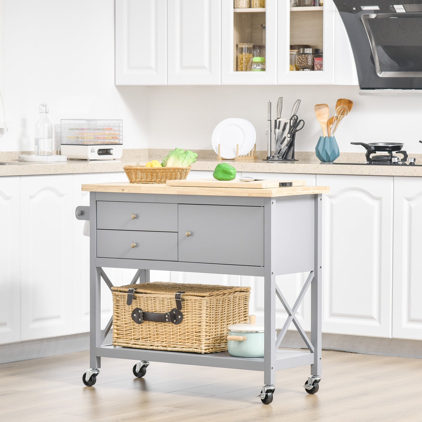 Utility Kitchen Cart Rolling Kitchen Island Storage Trolley with Rubberwood Top, 2 Drawers, Towel Rack, Gray - Gallery Canada