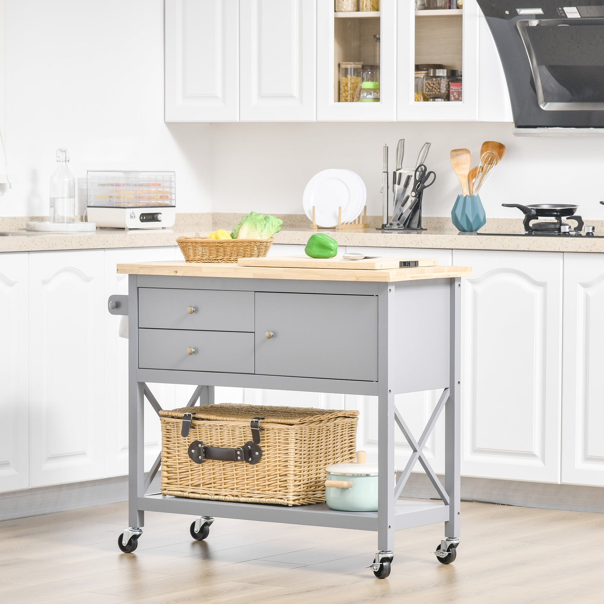 Utility Kitchen Cart Rolling Kitchen Island Storage Trolley with Rubberwood Top, 2 Drawers, Towel Rack, Gray Kitchen Islands & Kitchen Carts   at Gallery Canada