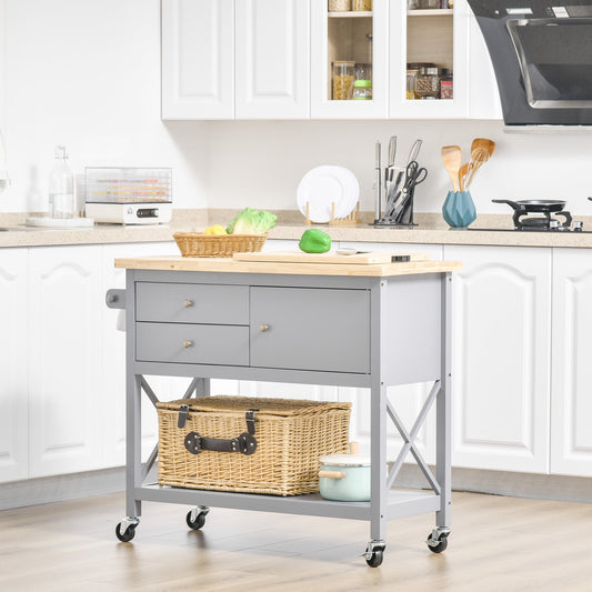 Utility Kitchen Cart Rolling Kitchen Island Storage Trolley with Rubberwood Top, 2 Drawers, Towel Rack, Gray Kitchen Islands & Kitchen Carts Grey  at Gallery Canada