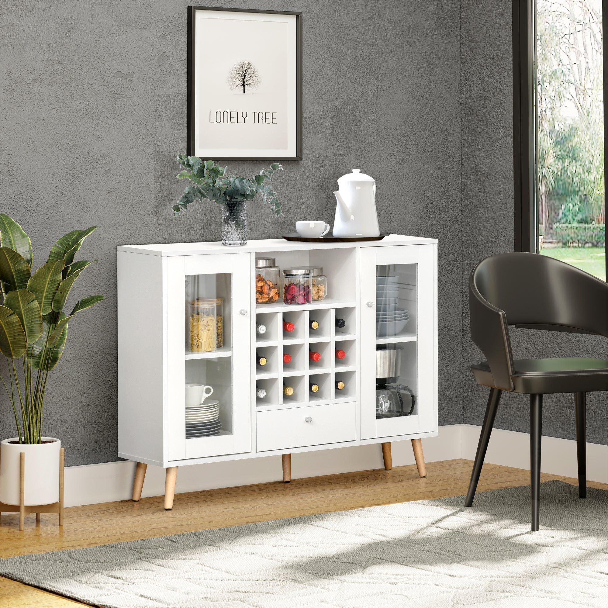 Sideboard Storage Cabinet, Kitchen Cupboard with Glass Doors, Drawer, 12-Bottle Wine Rack for Living Room, White Bar Cabinets   at Gallery Canada