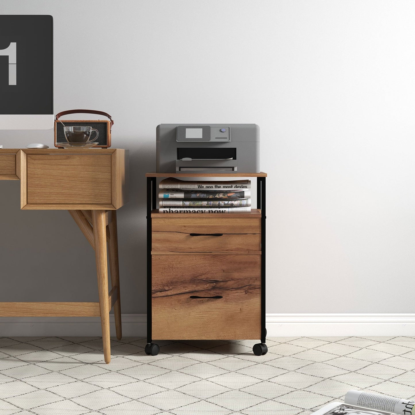 Industrial Mobile File Cabinet with 2 Drawers, Open Shelf, Hanging Bars, Rustic Brown Office Cabinets & Cupboards   at Gallery Canada