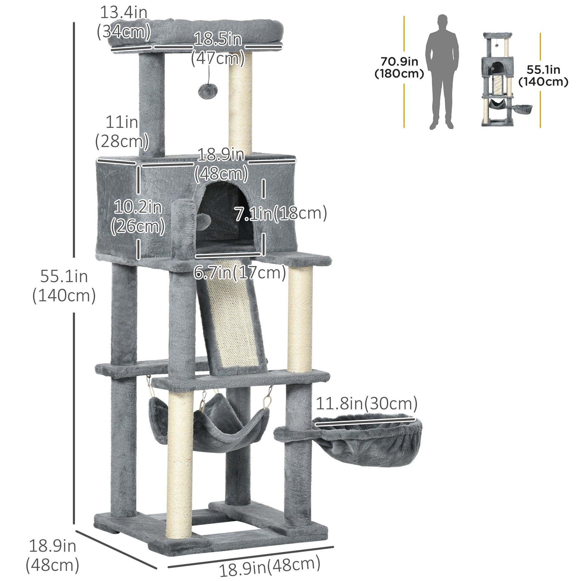 55" Cat Tree for Indoor Cats, Cat Tower, Kitty Activity Center with Cat Bed Ramp Condo Hammocks Hanging Ball Toys Sisal Rope Scratching Post, Grey Cat Towers   at Gallery Canada