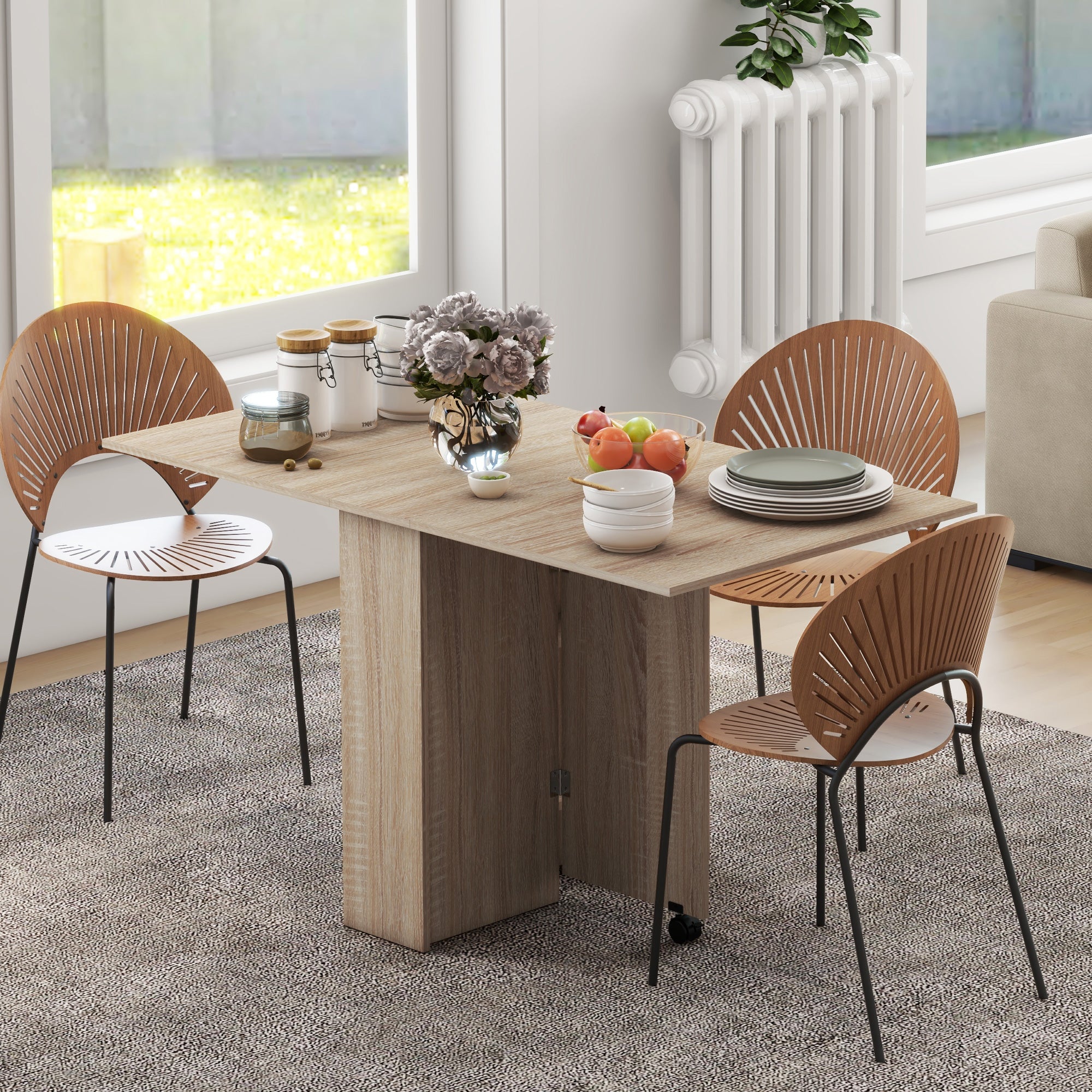 Extendable Dining Table, Collapsible Folding Table w/ 2-tier Shelves and Rolling Casters, Nature Wood Dining Tables Natural  at Gallery Canada