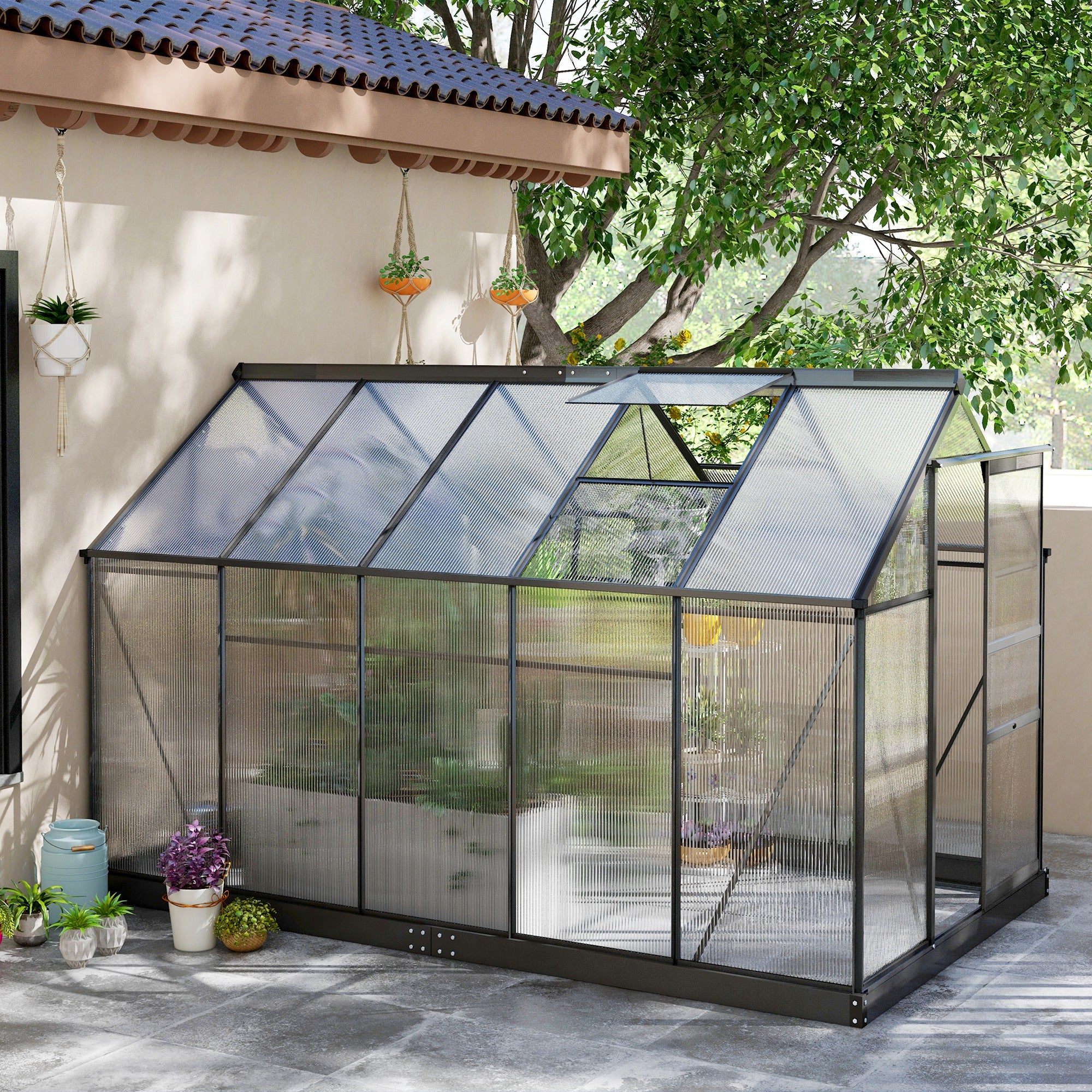 6' x 10' x 6.6' Polycarbonate Greenhouse, Walk-In Green House Kit Garden, Plants Grow, Galvanized Sheet Aluminum Frame with Rain Gutter, Vents and Sliding Door, Grey Walk In Greenhouses Multi Colour at Gallery Canada