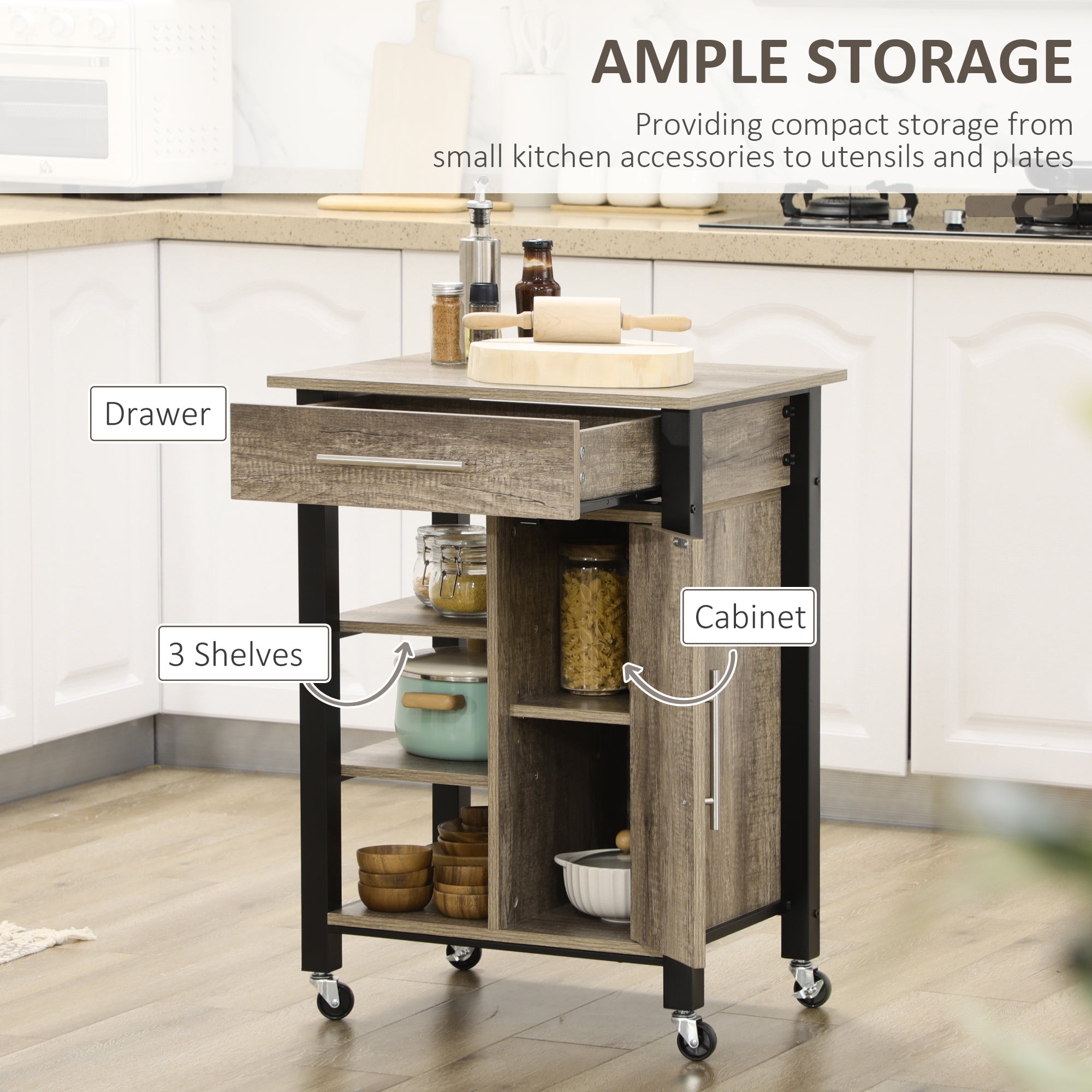Kitchen Trolley Utility Cart on Wheels with Storage Shelves &; Drawer for Dining Room, Dark Oak Kitchen Islands & Kitchen Carts at Gallery Canada