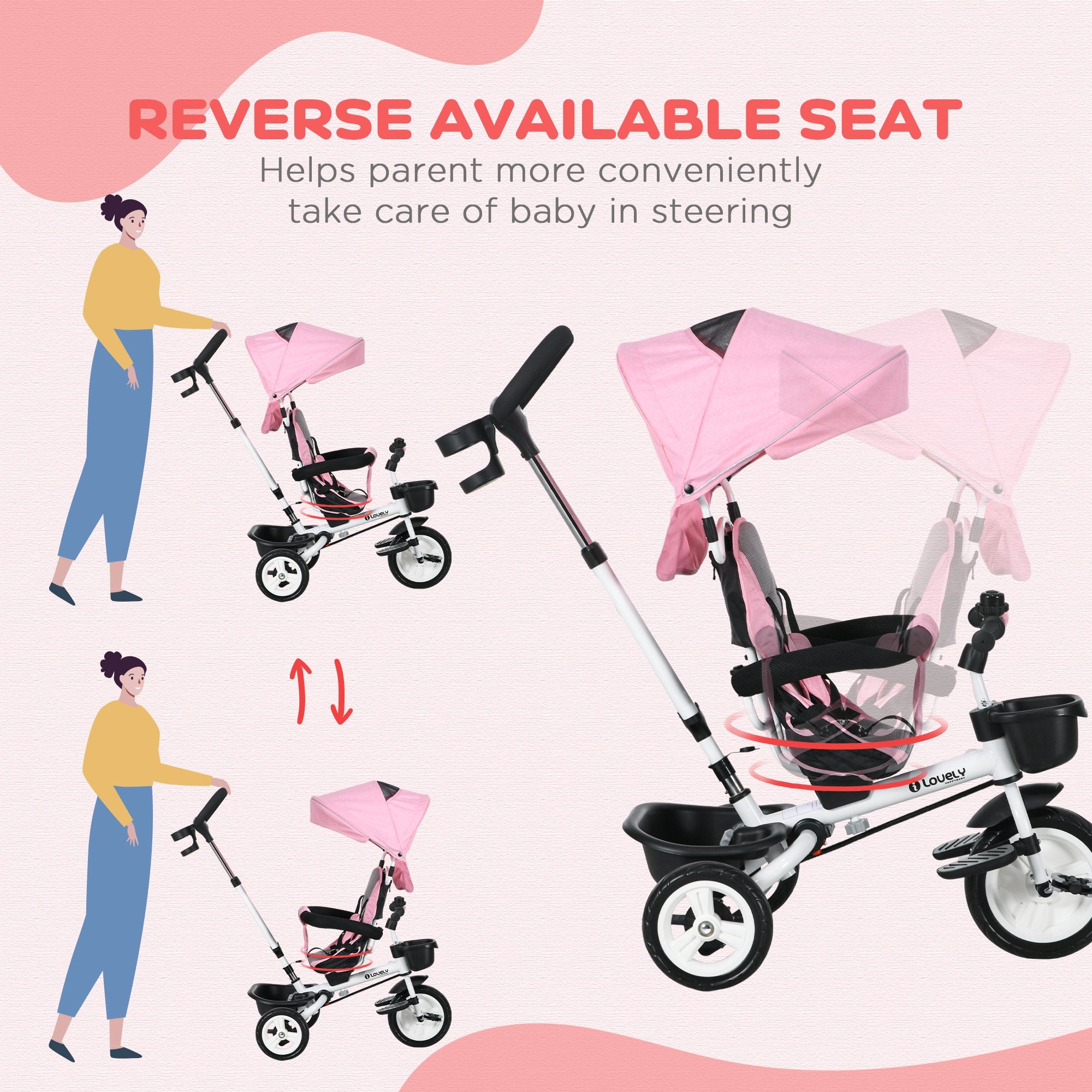 6 in 1 Toddler Tricycle with Parent Push Handle, Canopy, Storage Baskets, Cupholder, Pink Tricycles for Kids at Gallery Canada