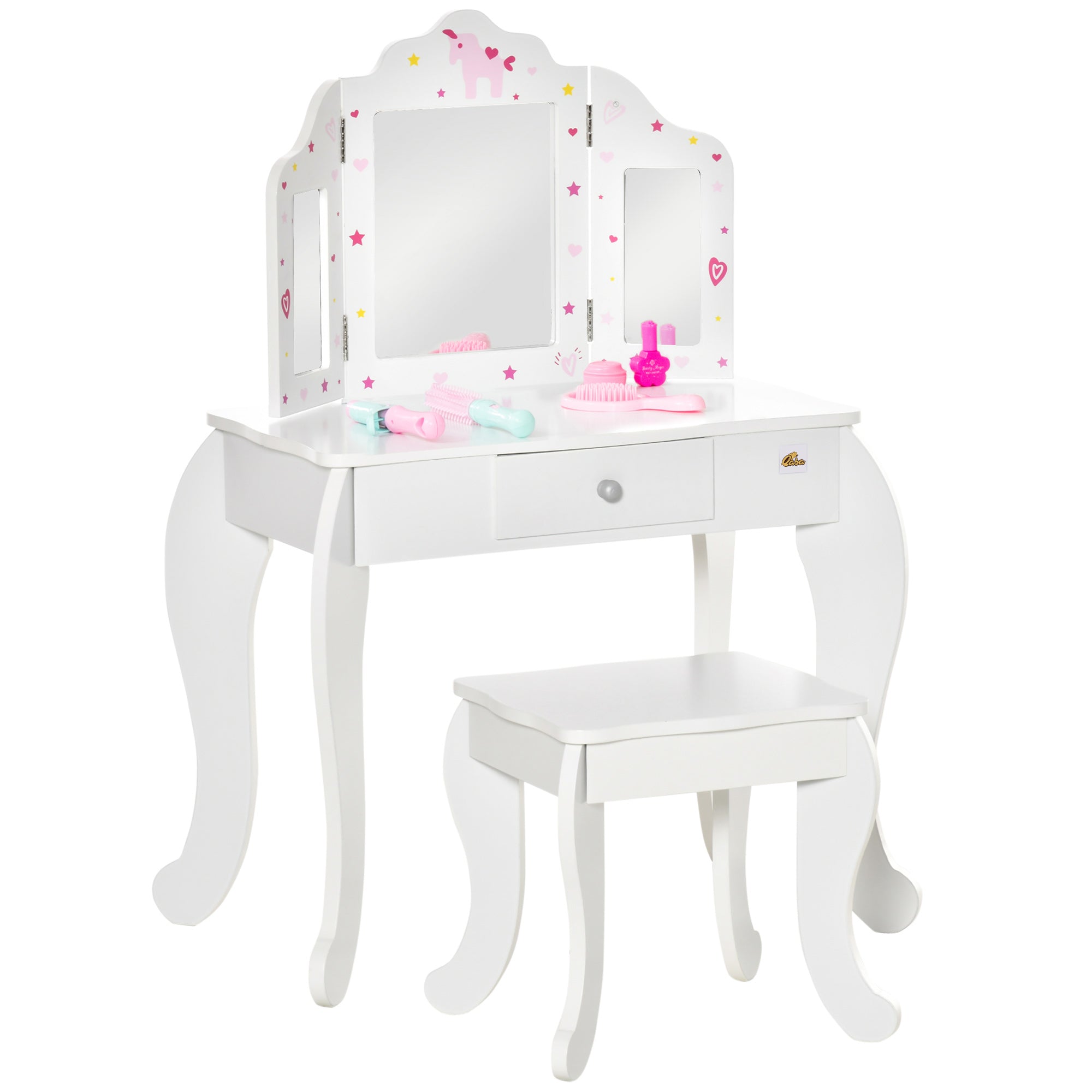 Kids Vanity Table and Stool, Makeup Vanity Girls Dressing Table Set with Tri-folding Mirrors Drawer Star and Heart Pattern, White Kids Bedroom Furniture White at Gallery Canada