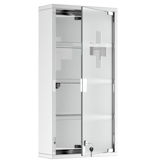 Wall Mount Medicine Cabinet, Bathroom Cabinet with 4 Tier Shelves, Stainless Steel Frame and Glass Door, Lockable with 2 Keys, Silver, 12" x 23.5" Mirror Medicine Cabinets Silver  at Gallery Canada