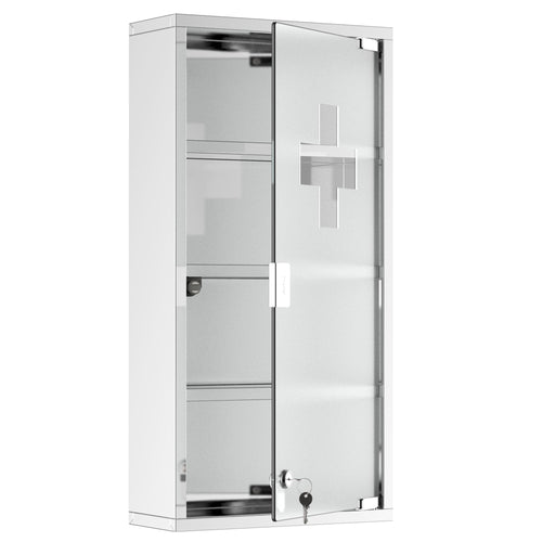 Wall Mount Medicine Cabinet, Bathroom Cabinet with 4 Tier Shelves, Stainless Steel Frame and Glass Door, Lockable with 2 Keys, Silver, 12