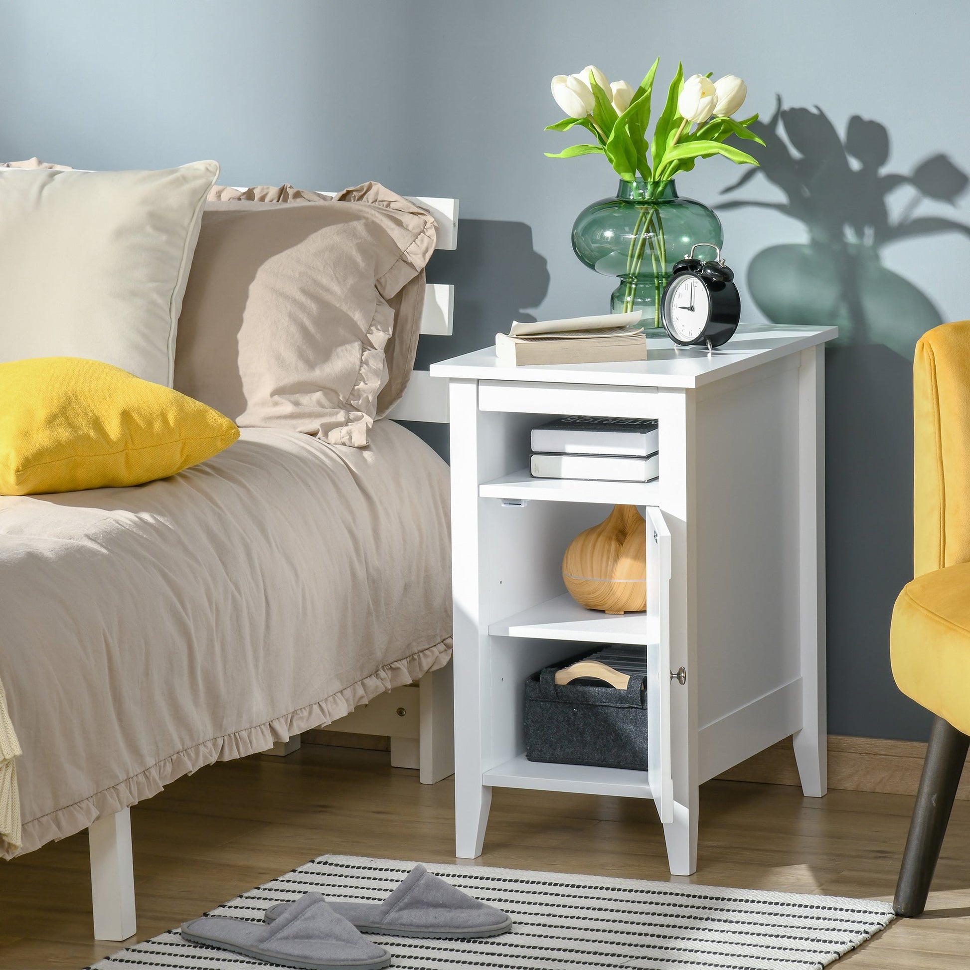 Wooden3-Tier Modern Nightstand with Pullout Shelf, Adjustable Open Shelf, and Door Cabinet, White Side Tables   at Gallery Canada