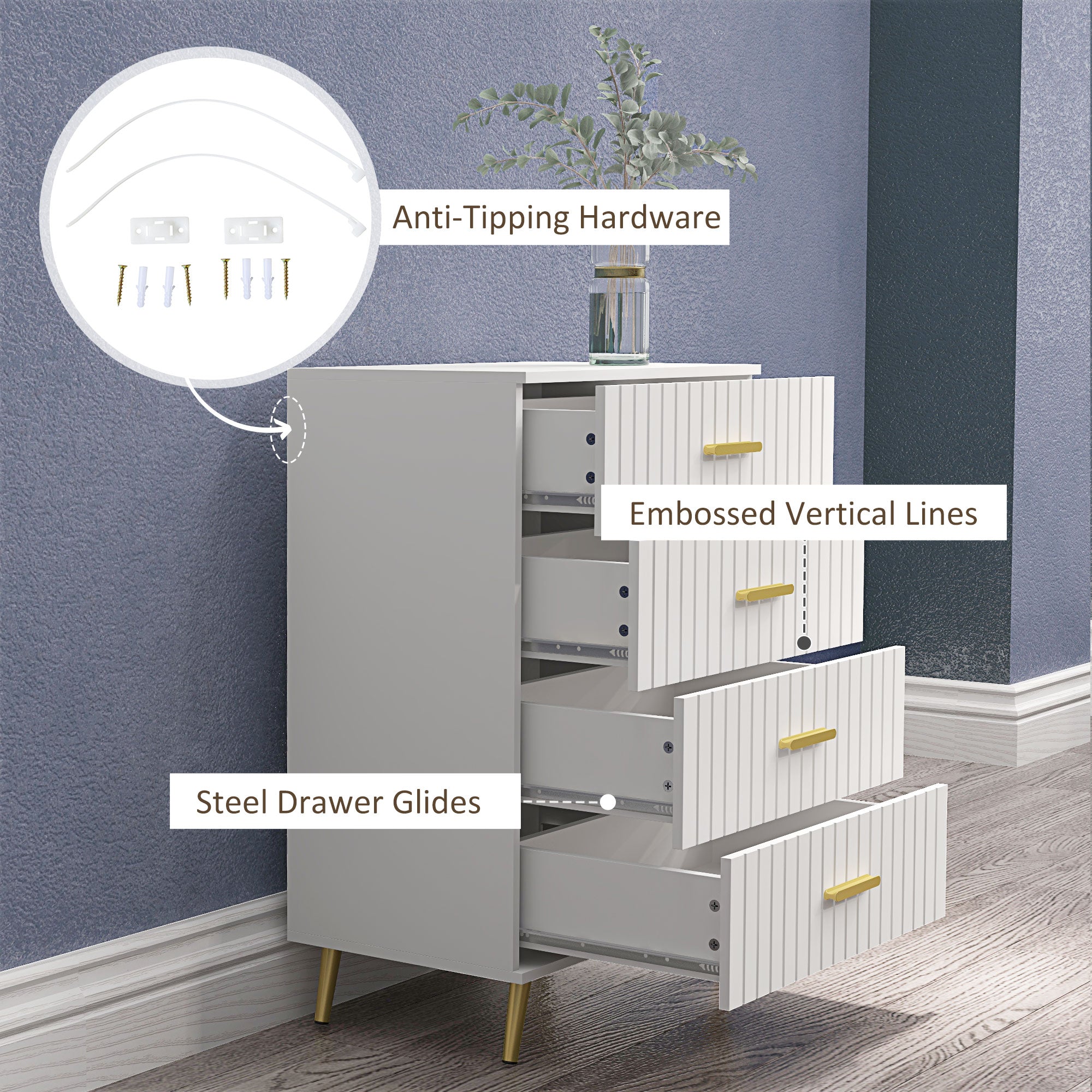 4 Drawer Cabinet, Drawer Chest for Bedroom, Chest of Drawers with Aluminium Legs and Gold Handles, White Storage Cabinets   at Gallery Canada