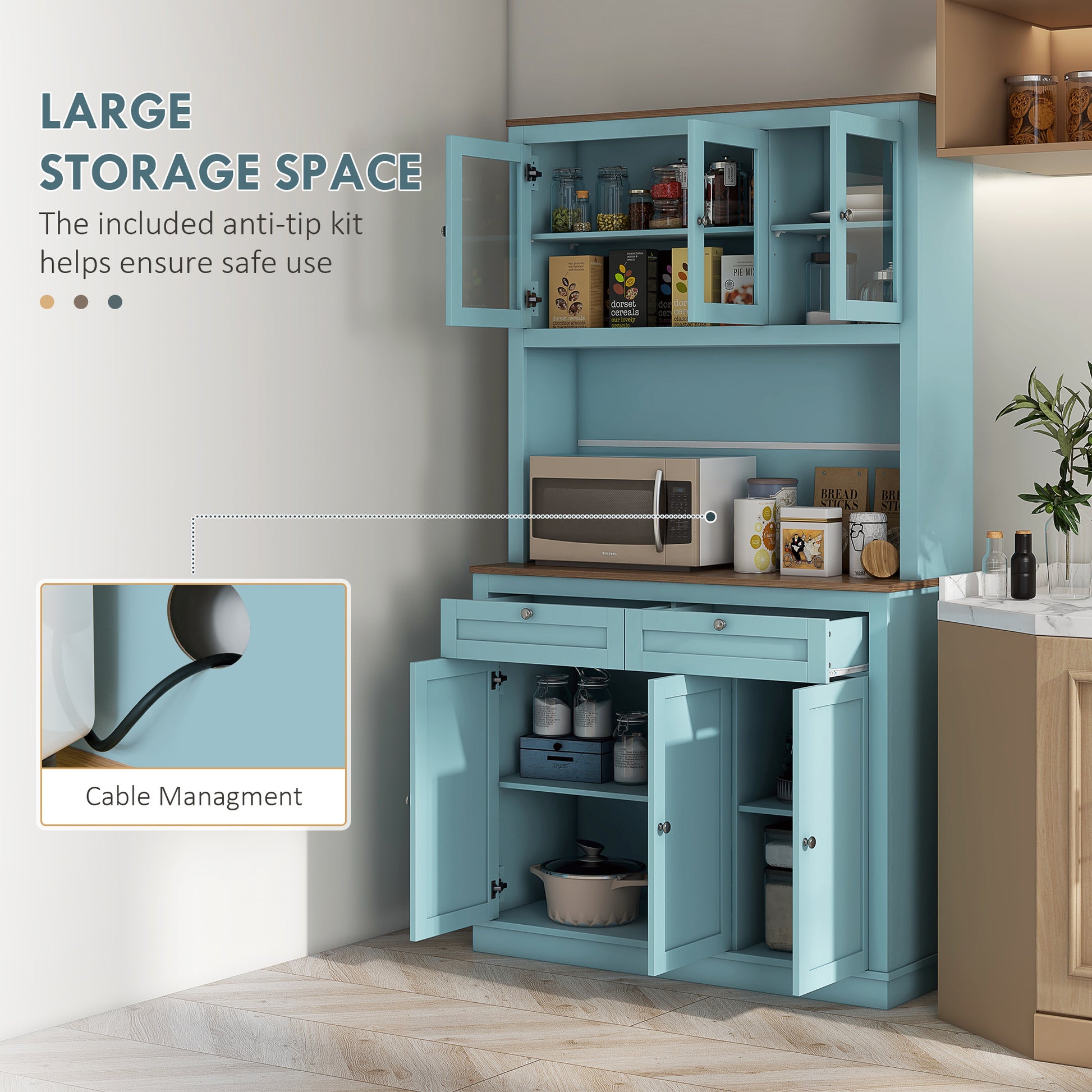 71" Kitchen Pantry Cabinet with Microwave Space, Buffet with Hutch, 2 Drawers, Adjustable Shelves and Glass Doors, Blue Kitchen Pantry Cabinets   at Gallery Canada