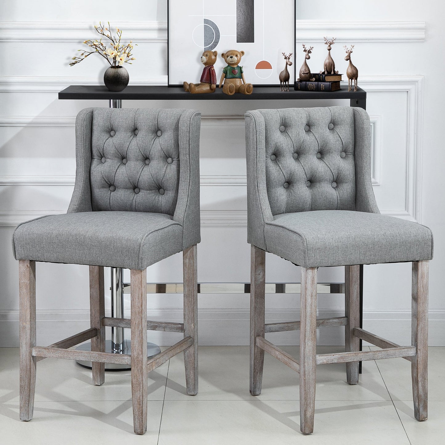 Set of 2 40Inch Button Tufted Bar stools High Counter Dining Height Chairs Grey Bar Stools   at Gallery Canada