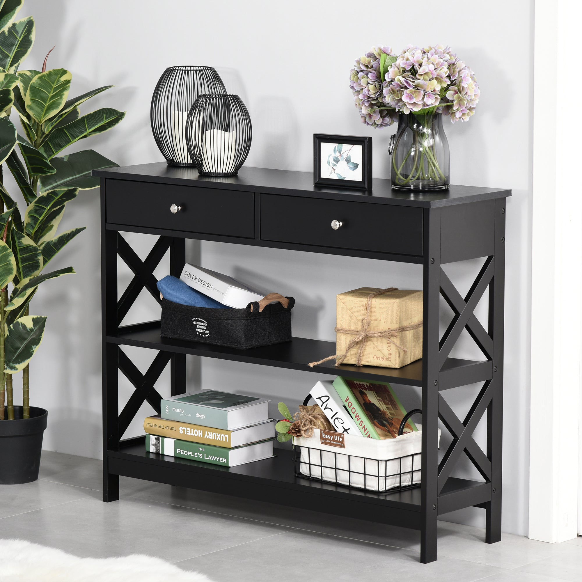 Console Table Sofa Side Desk with Storage Shelves Drawers X Frame for Living Room Entryway Black Console Tables at Gallery Canada