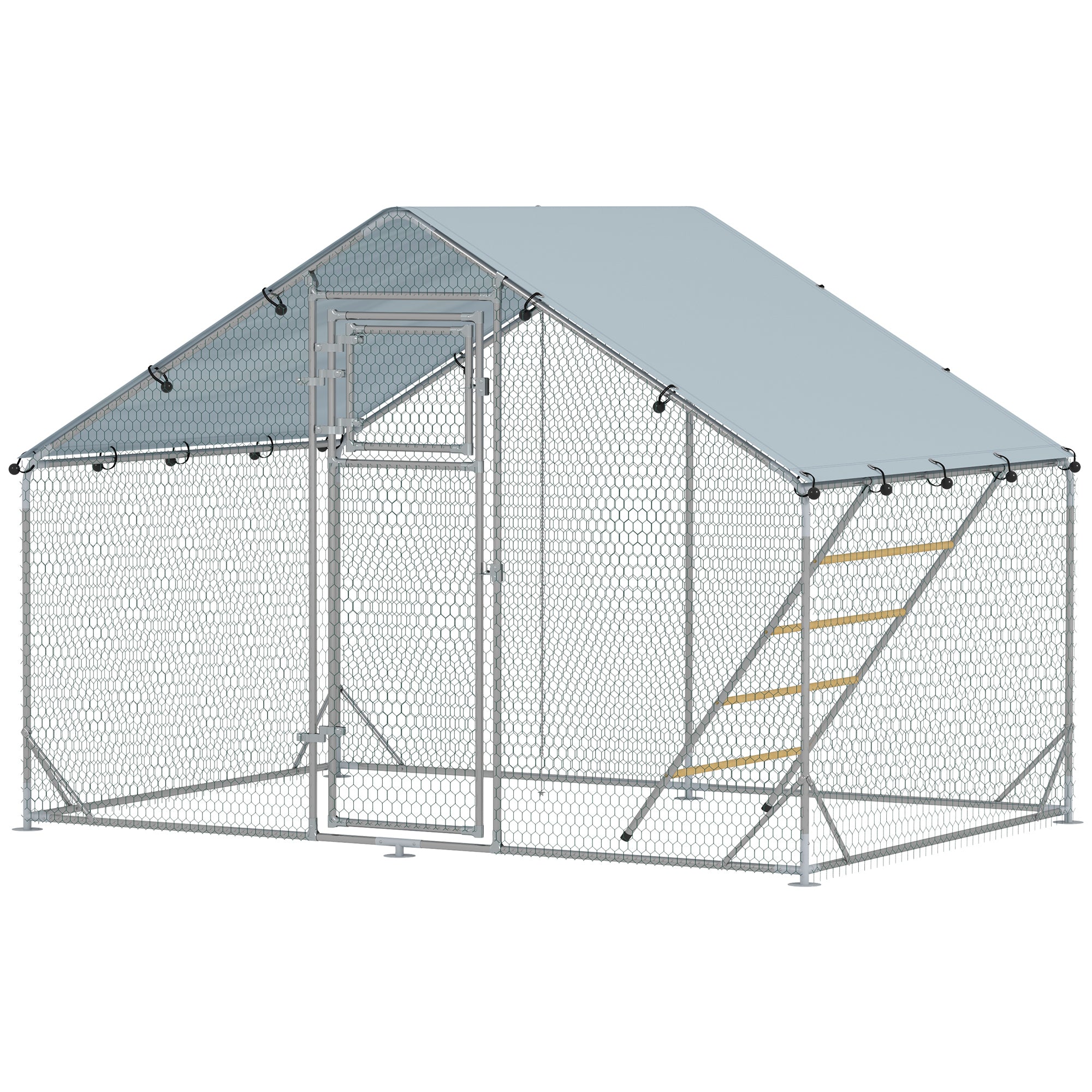 Large Metal Chicken Run with Waterproof &; UV-Resistant Cover, Feeding Door, Hanging Feeder, Perch for 6-8 Chickens Chicken Coops Silver at Gallery Canada