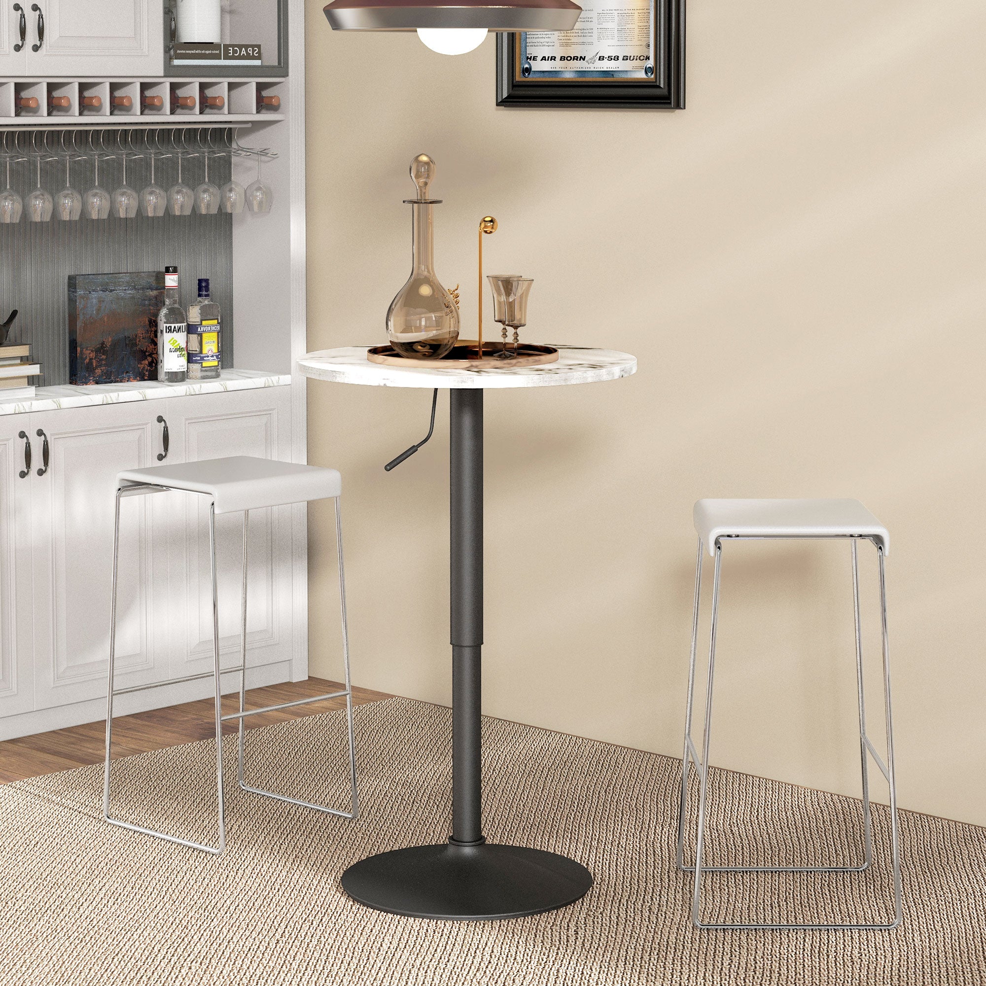 Adjustable Bar Table for 2, Round Pub Table with Steel Base for Home Bar, Small Dining Room, White Marble Bar Tables White Marble at Gallery Canada