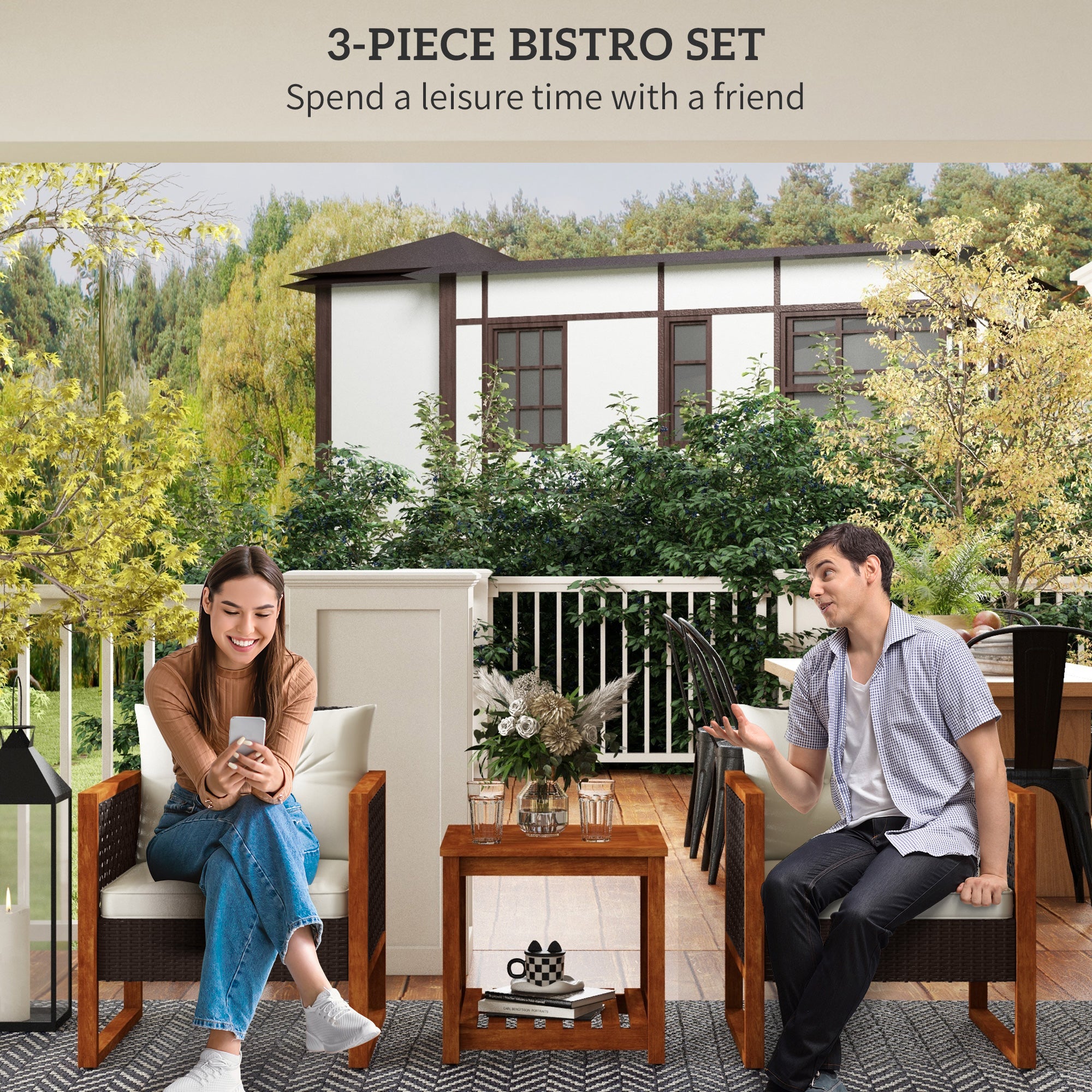 3 Pieces Wicker Patio Set Wooden Conversation Set with 2 Armchairs, Cushions, for Garden, Backyard, Deck, Brown Bistro Sets   at Gallery Canada