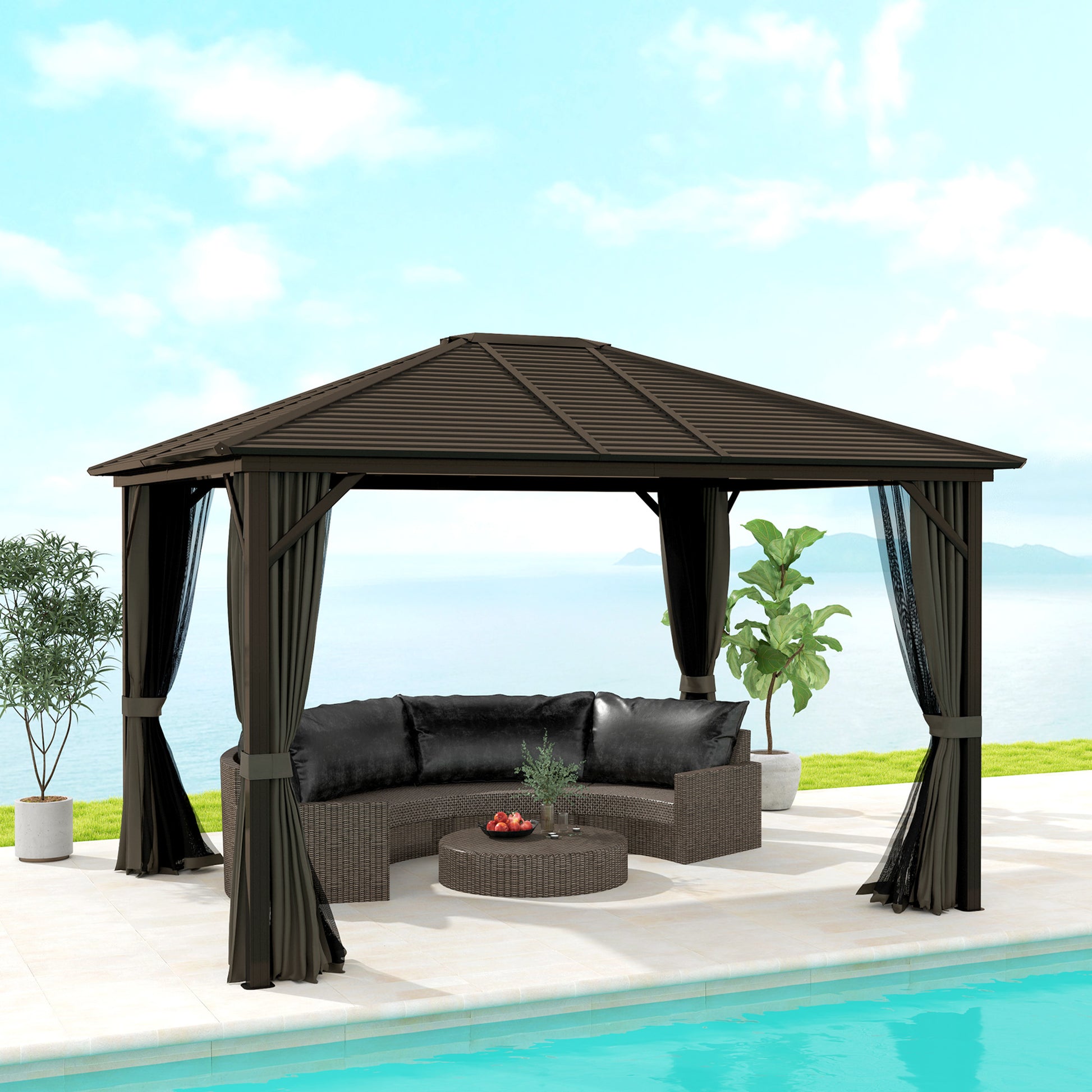 10' x 12' Deluxe Hardtop Gazebo with Metal Roof, Aluminum Frame Patio Gazebo Garden Sun Shelter Outdoor Pavilion with Curtains and Netting, Grey Gazebos Multi Colour at Gallery Canada