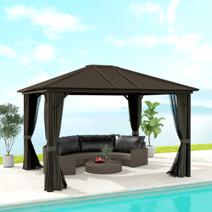 10' x 12' Deluxe Hardtop Gazebo with Metal Roof, Aluminum Frame Patio Gazebo Garden Sun Shelter Outdoor Pavilion with Curtains and Netting, Grey Gazebos Multi Colour at Gallery Canada