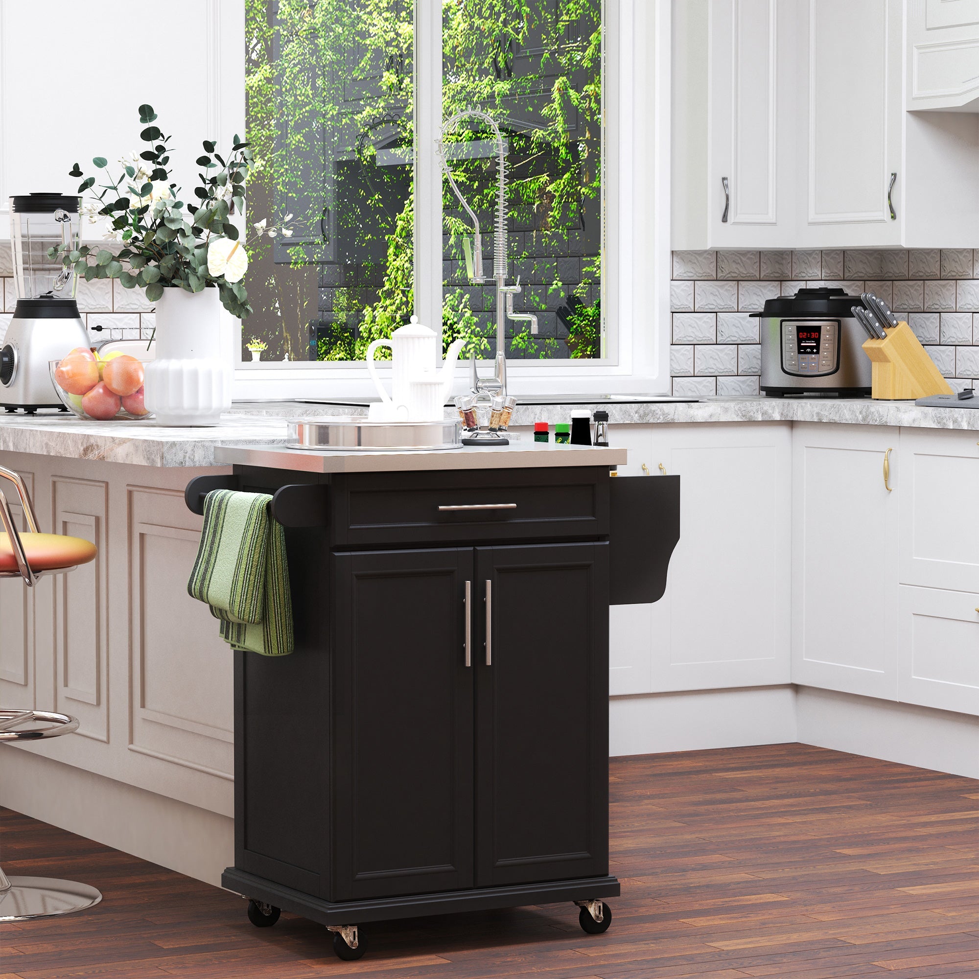 Rolling Kitchen Island, Kitchen Serving Cart with Stainless Steel Table Top on Wheels, Black Kitchen Islands & Kitchen Carts   at Gallery Canada