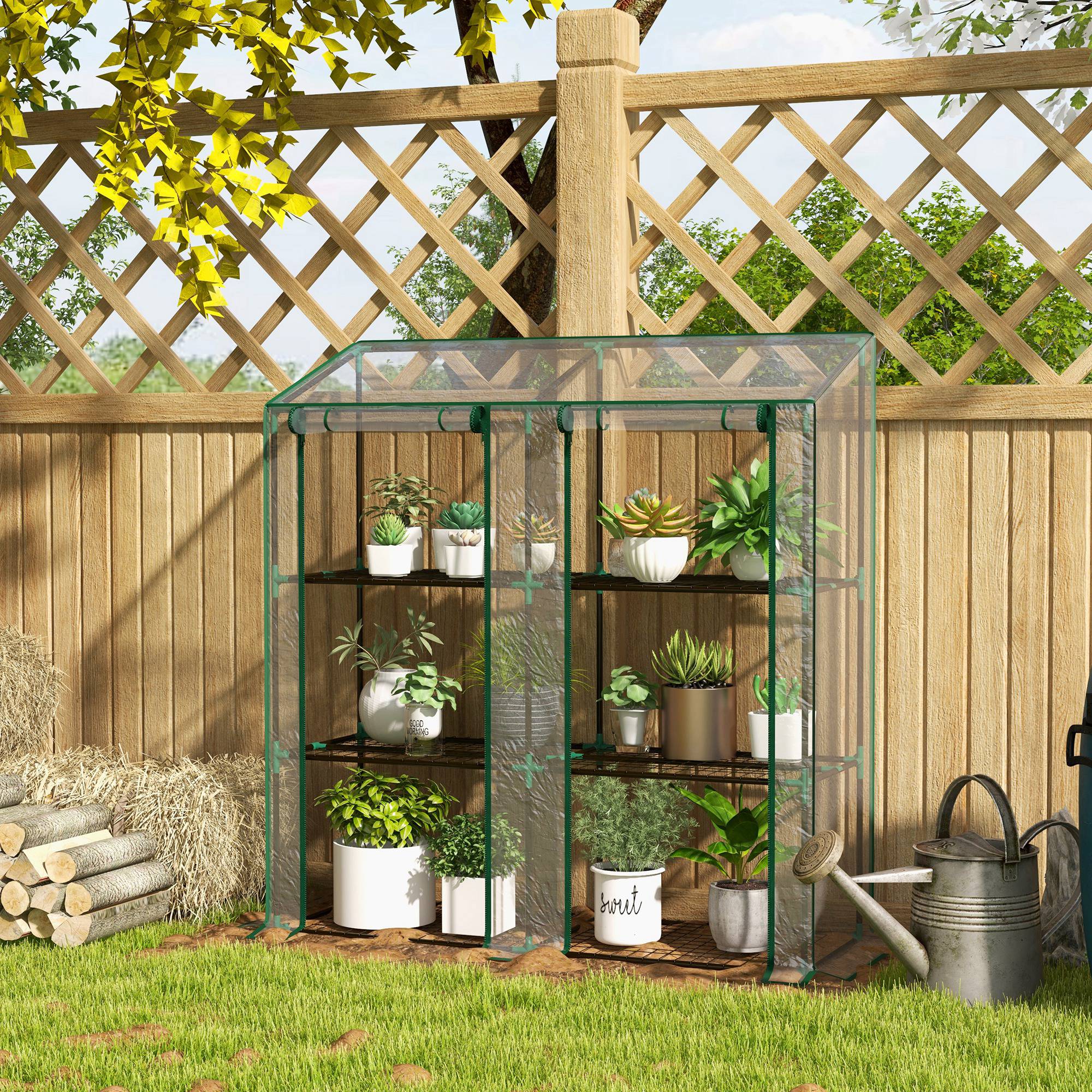 Portable Mini Greenhouse Green House with 3 Tier Shelves, Reinforced Cover, Roll-up Doors, 56.3
