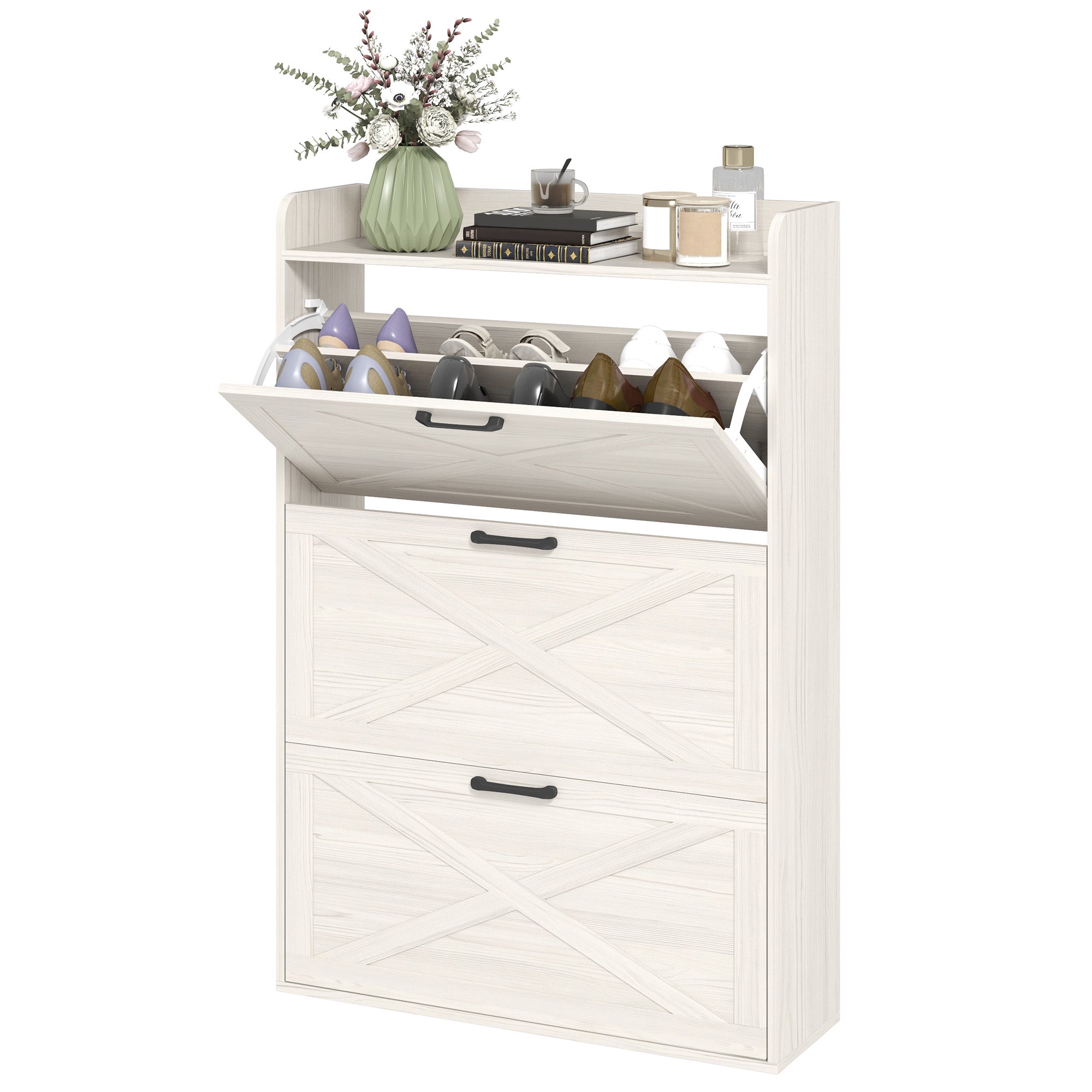 Narrow Shoe Storage Cabinet Farmhouse Shoe Cabinet with 3 Flip Drawers Adjustable Shelves for Entryway White Oak Shoe Storage Cabinets & Racks at Gallery Canada