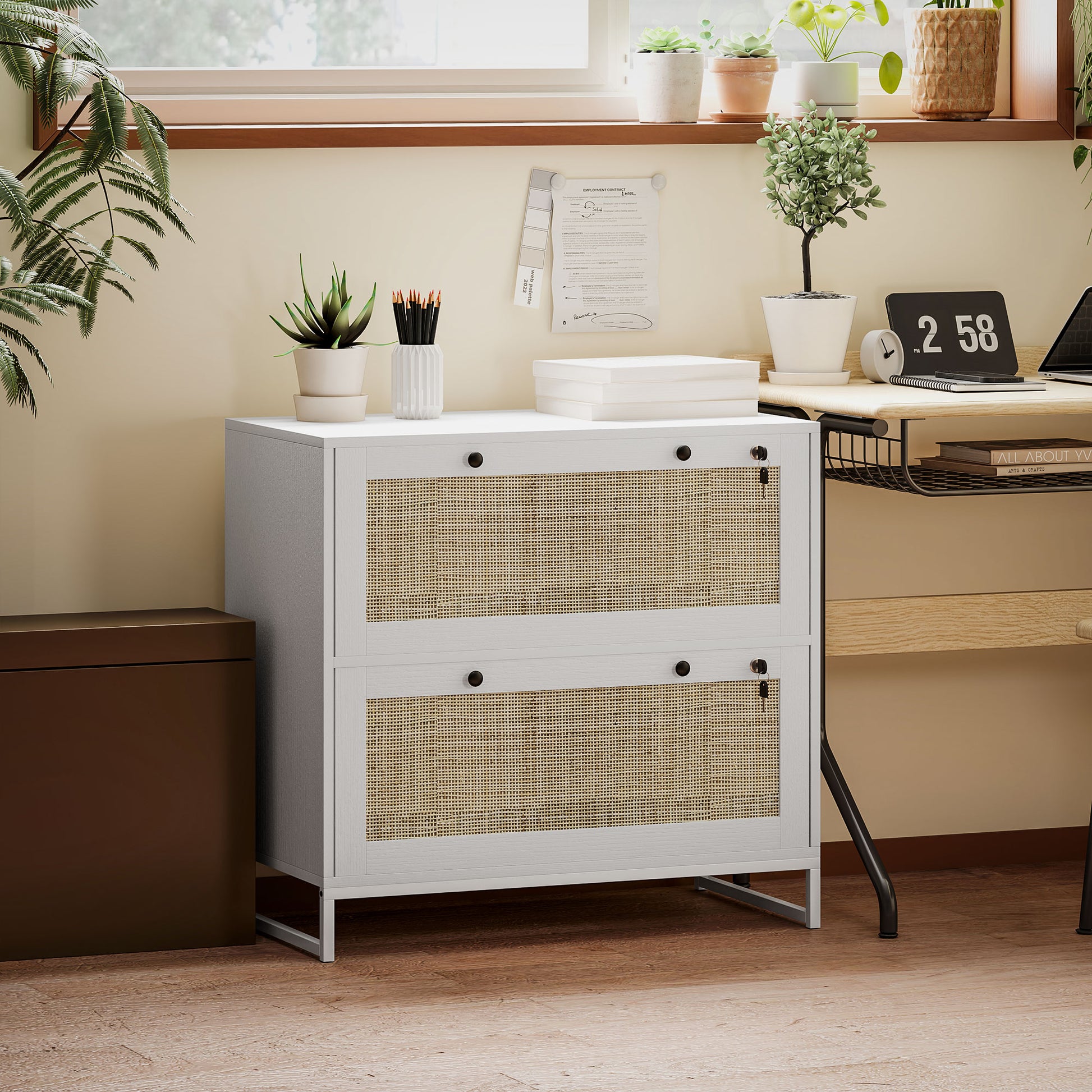 2-Drawer Filing Cabinet with Lock, Rattan File Cabinet with Adjustable Hanging Bar, White Office Cabinets & Cupboards Multi Colour at Gallery Canada