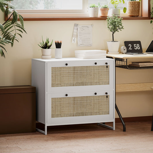 2-Drawer Filing Cabinet with Lock, Rattan File Cabinet with Adjustable Hanging Bar, White Office Cabinets & Cupboards at Gallery Canada