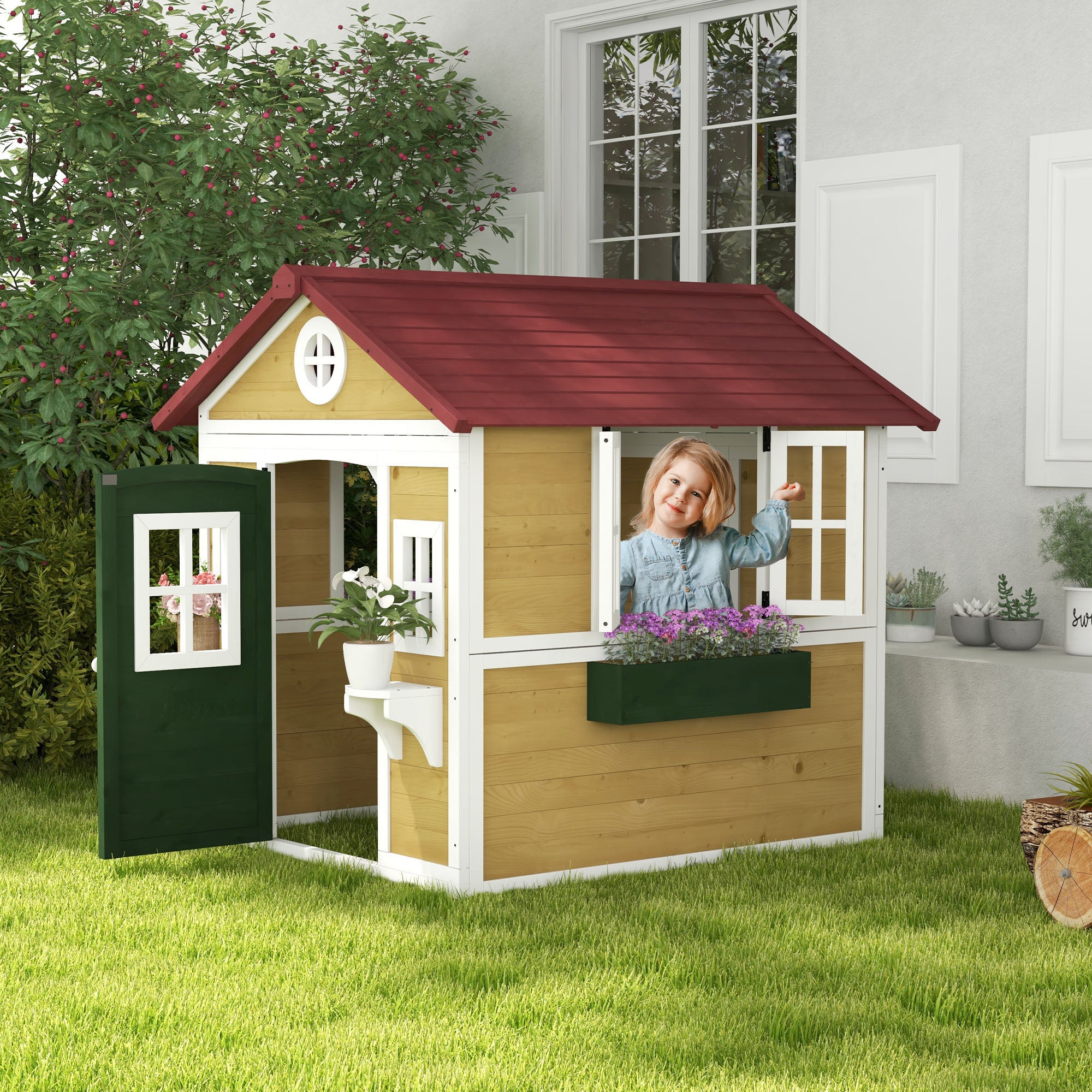 Wooden Playhouse for Kids Outdoor with Door, Windows, Planter Pots and Boxes for Toddlers 3-8 Years, Beige Play Houses at Gallery Canada