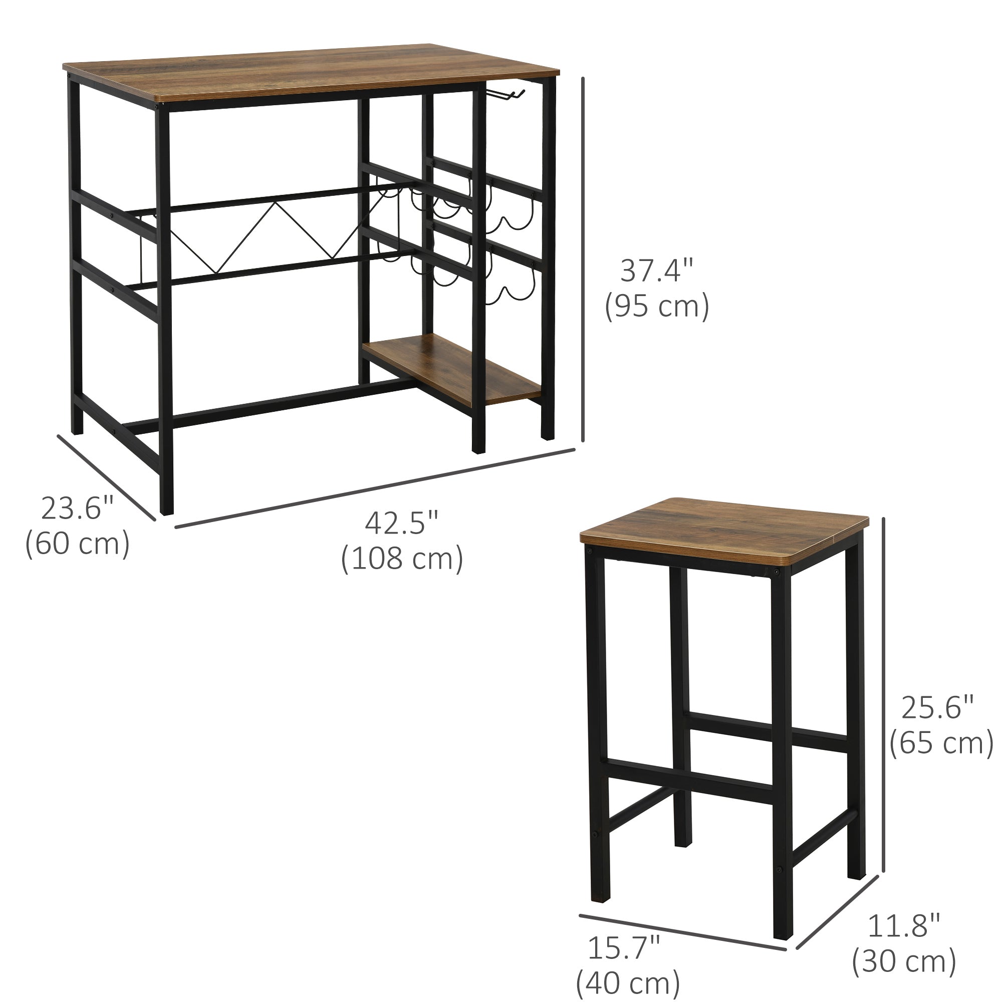 3 Pieces Bar Table Set, Counter Height Table with 8-bottle Wine Rack and Cup Holder, 2 Stools with Metal Frame for Kitchen, Dining Room, Living Room, Pub Bar Sets at Gallery Canada