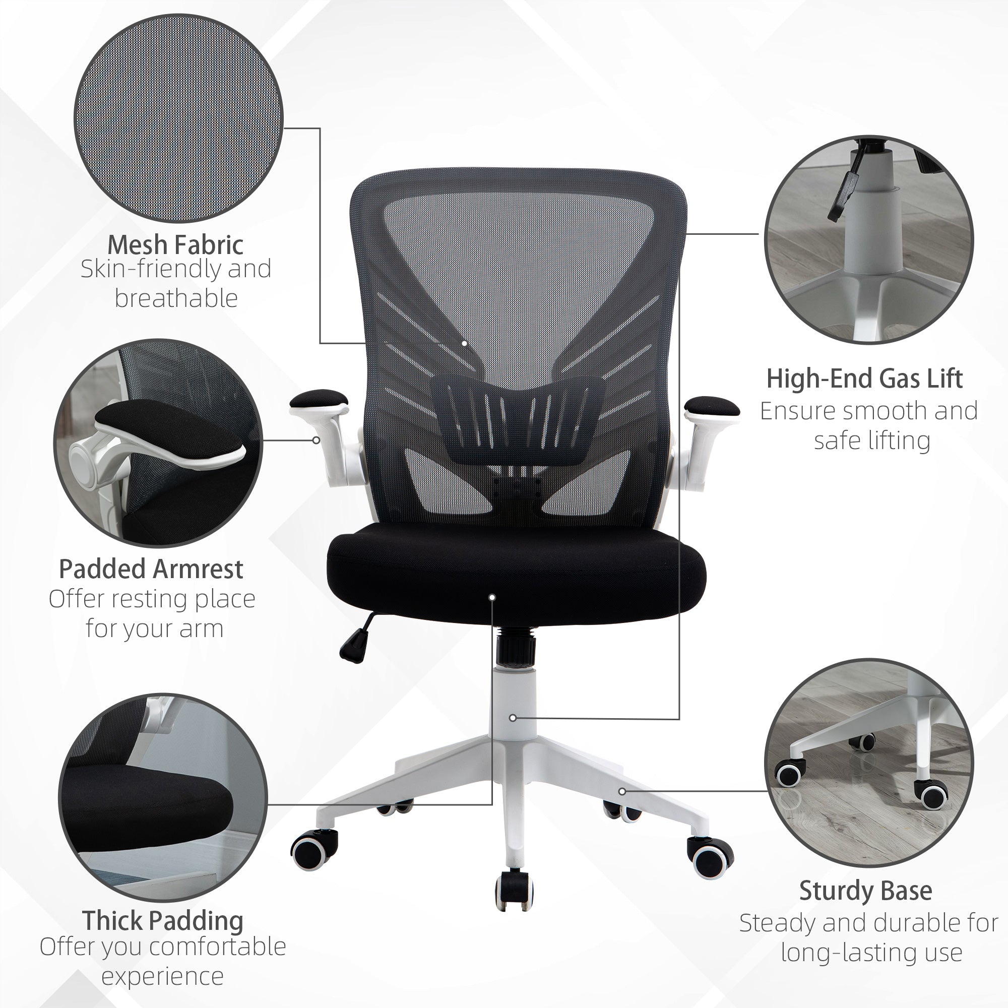 Mesh Office Chair Swivel Task Desk Chair with Lumbar Back Support, Flip-Up Arm, Adjustable Height, Grey Black Task Chairs at Gallery Canada