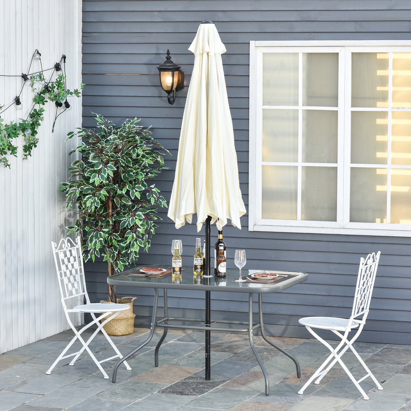 Metal Garden Dining Tables Outdoor Patio w/ Tempered Glass Top, Umbrella Hole, 47.25" x 31.5" Patio Dinning Tables   at Gallery Canada