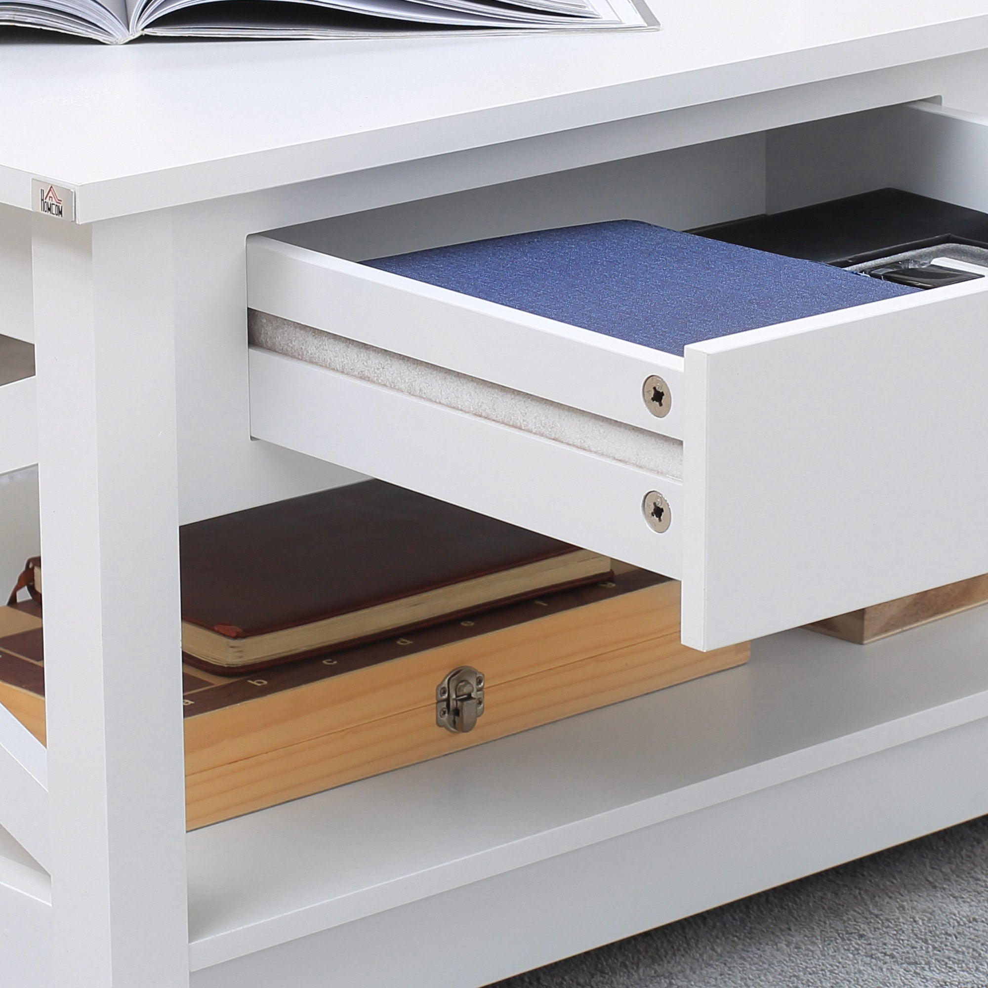 Coffee Table with Storage, Farmhouse Living Room Table with Drawers and Open Shelf, Centre Table with X-frames, White Coffee Tables   at Gallery Canada